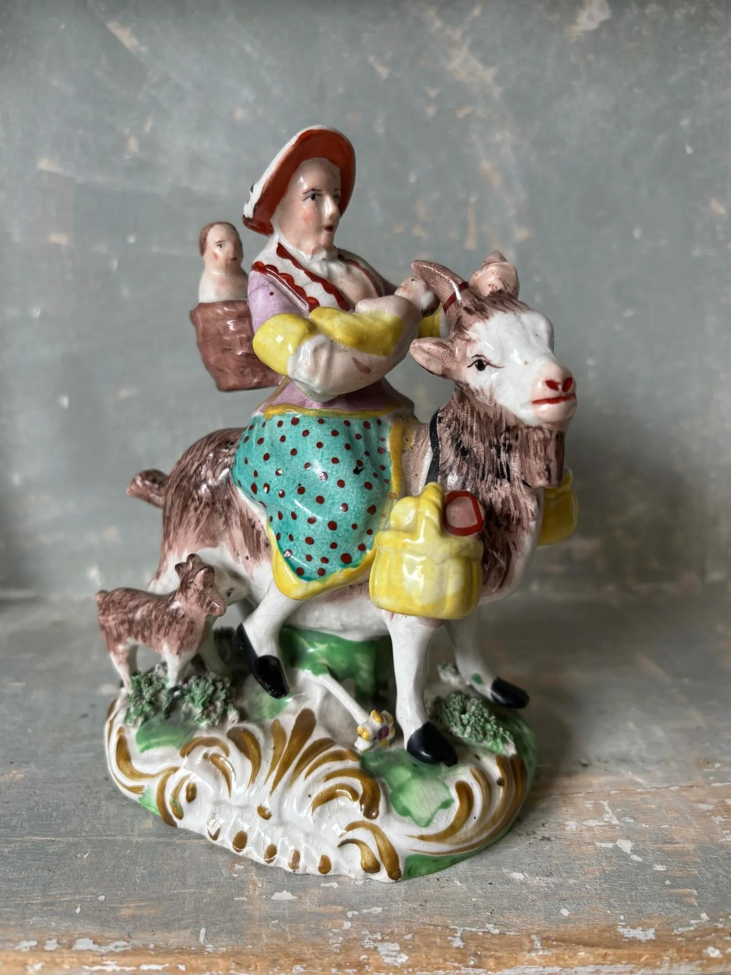 FOR SALE An antique Staffordshire pottery figure of &lsquo;The Welsh (Welch) Tailor&rsquo;s Wife Riding a Goat&rsquo;, circa 1830. 

I&rsquo;ve always loved this comical Staffordshire figure and this is a particularly good example with superb decorat