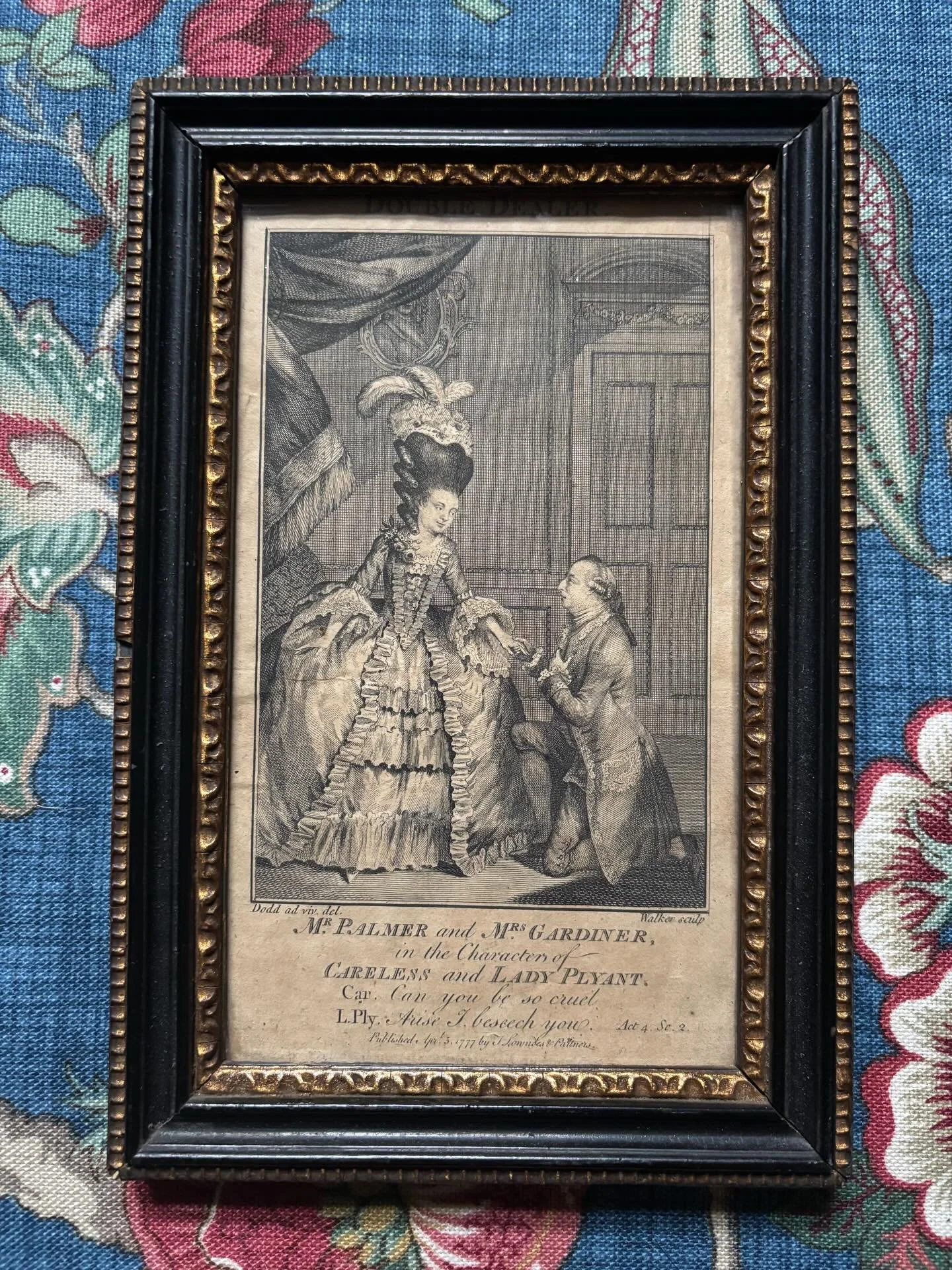 FOR SALE A scarce 18th century theatrical engraving entitled &lsquo;Double Dealer&rsquo;, published by Lowndes &amp; Partners, London, 5th April 1777. It is the most wonderful and meticulously engraved artwork. framed in an antique Hogarth frame. 

T