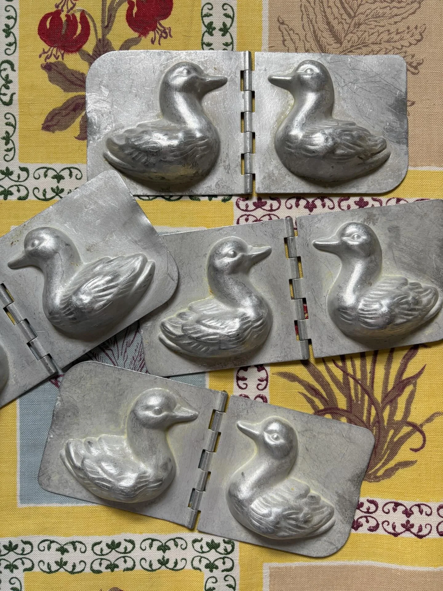 FOR SALE I wanted to list these adorable vintage French duckling chocolate moulds in time for Easter for obvious reasons! I am longing for someone to have a go at making some duckling Easter chocolates with them!

Two-part hinged chocolate moulds, ea