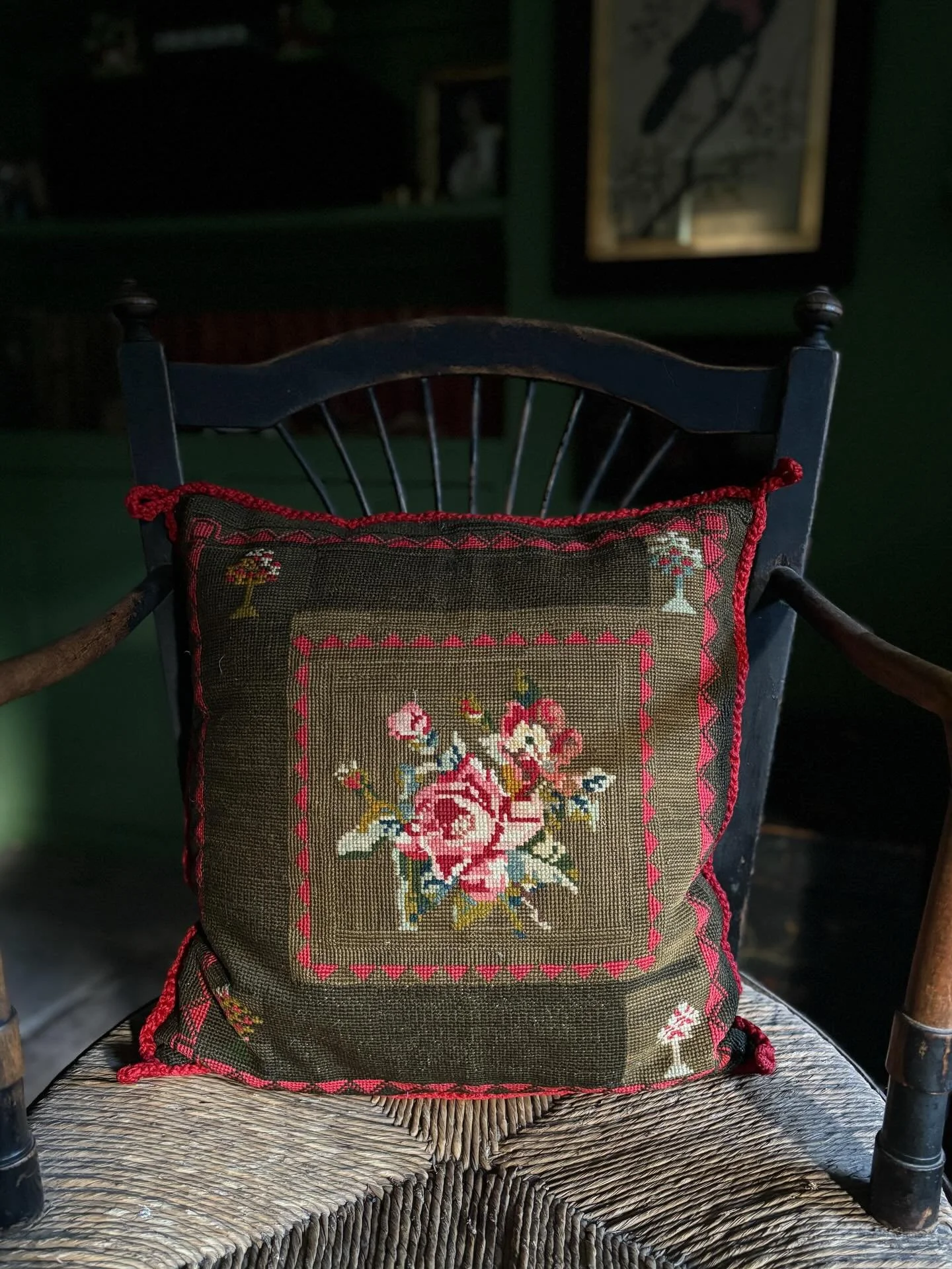 FOR SALE An excellent needlepoint cushion with red braid trim. Inner and outer geometric border with a tree motif in each corner. 

It is in lovely condition. Khaki cotton reverse, plump cushion pad. 

40cm square

&pound;55 plus postage

#needlepoin