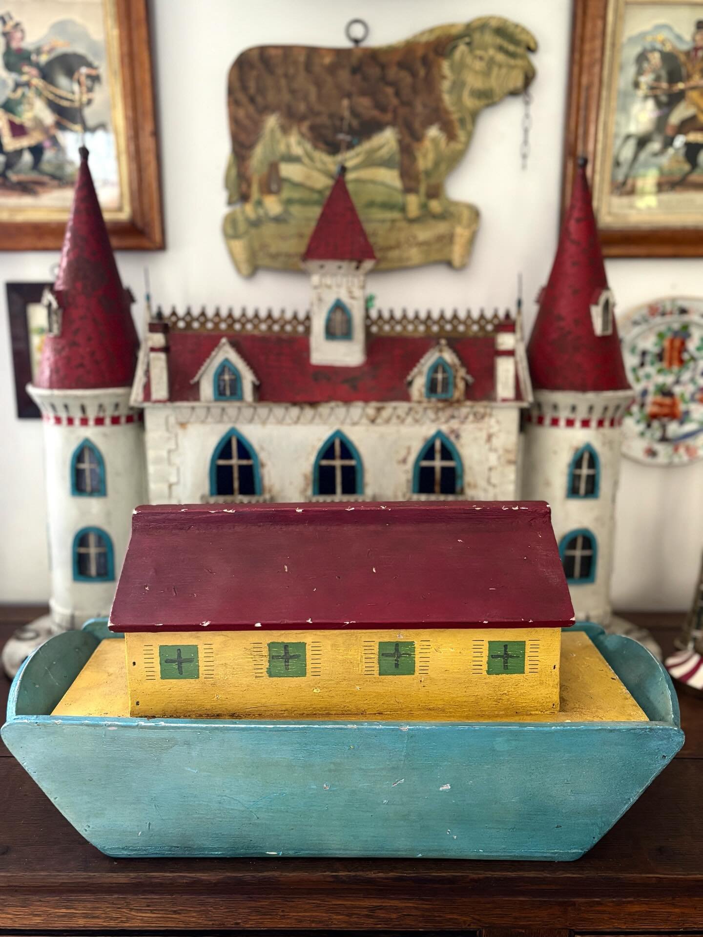 I fell for this gorgeous folk art wooden Noah&rsquo;s Ark recently. It is temporarily docked in front of my treasured fairytale tin castle on the kitchen sideboard and will soon be going on to Marland Home. In the meantime, I am drawing inspiration f