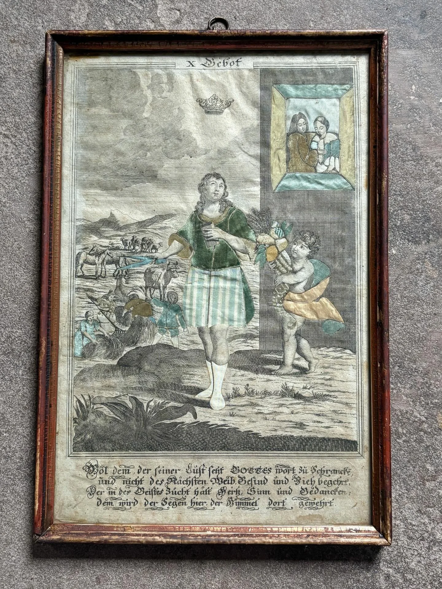 FOR SALE A very rare piece of 18th century folk art, a &rsquo;stoffklebebilder&rsquo; or extra-illustrated print.

The engraving is a 17th century copper engraving, circa 1600, by Johann Bussemacher, a prominent printer, engraver and art dealer in Co