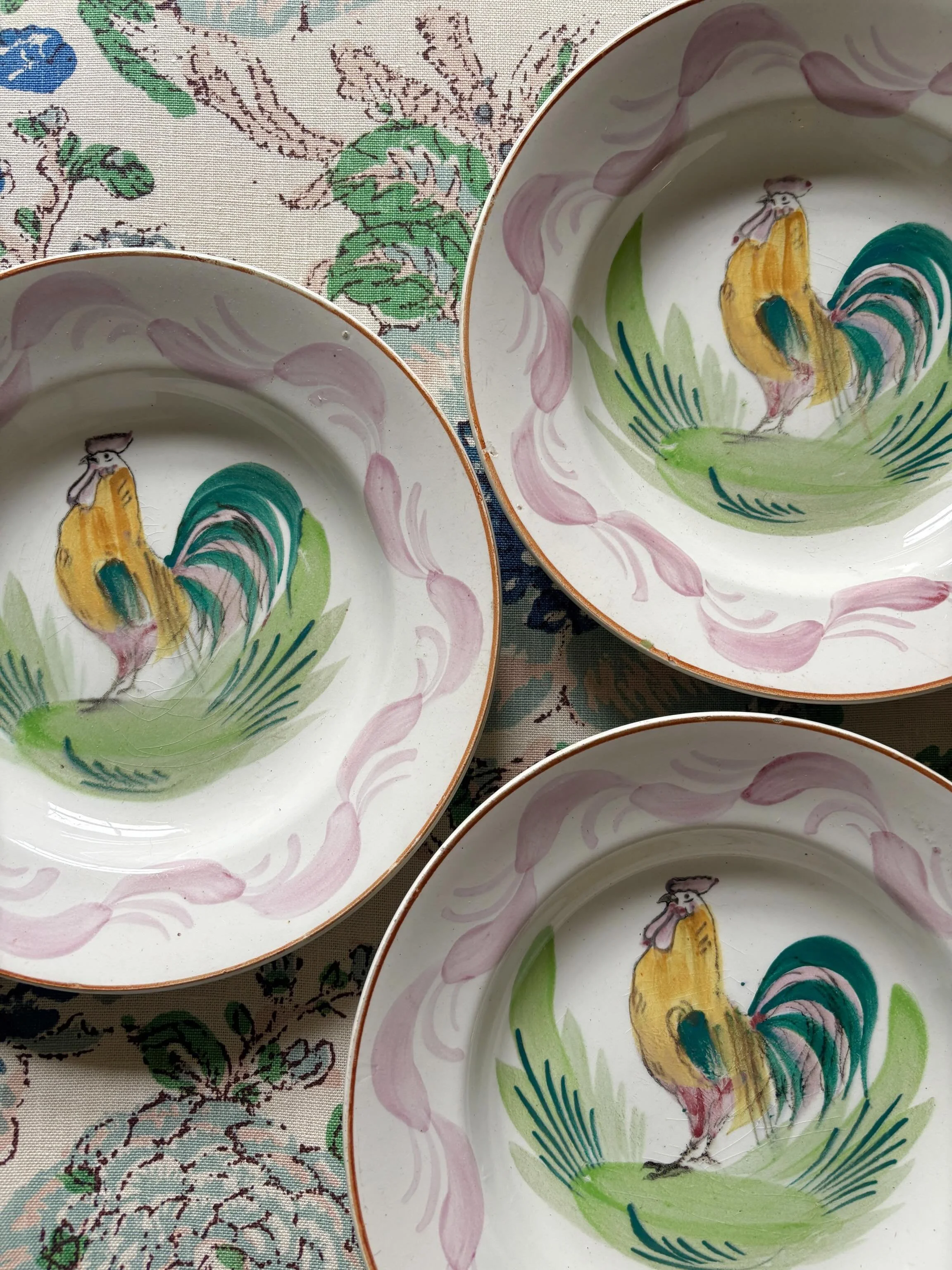 FOR SALE Three splendid vintage French cockerel plates / shallow bowls, circa 1900. They are much like the distinctive pottery of Orchies or Moulin des Loups in Northen France.

Perfect decorative pieces for the kitchen dresser or for hanging on the 
