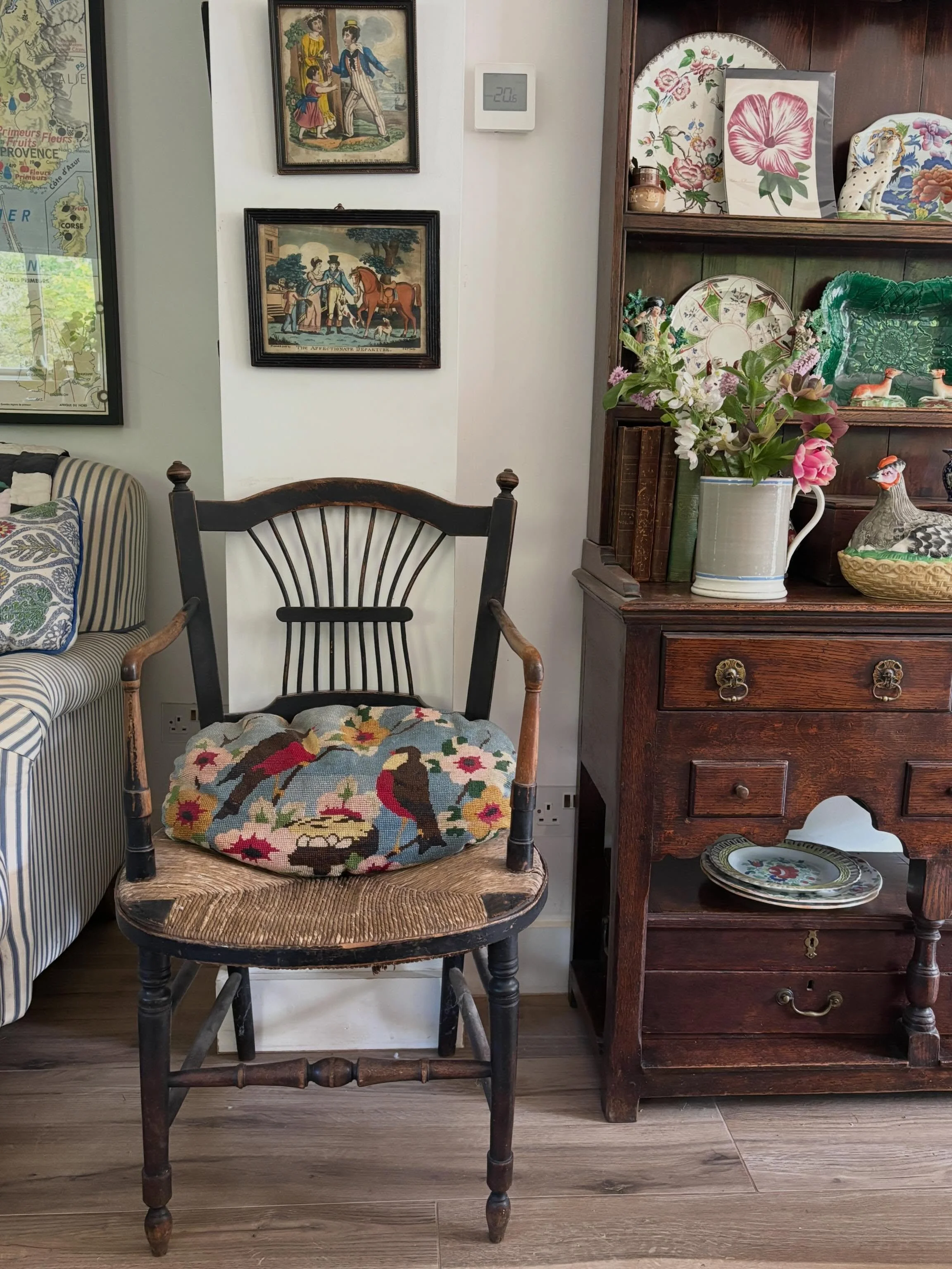 This Rossetti chair was an extremely lucky find at a flea market a few years ago. It was hiding under a pile of old curtains with only the bottom of the legs showing. I am so glad I investigated further as it really was a hidden gem. The chair was de