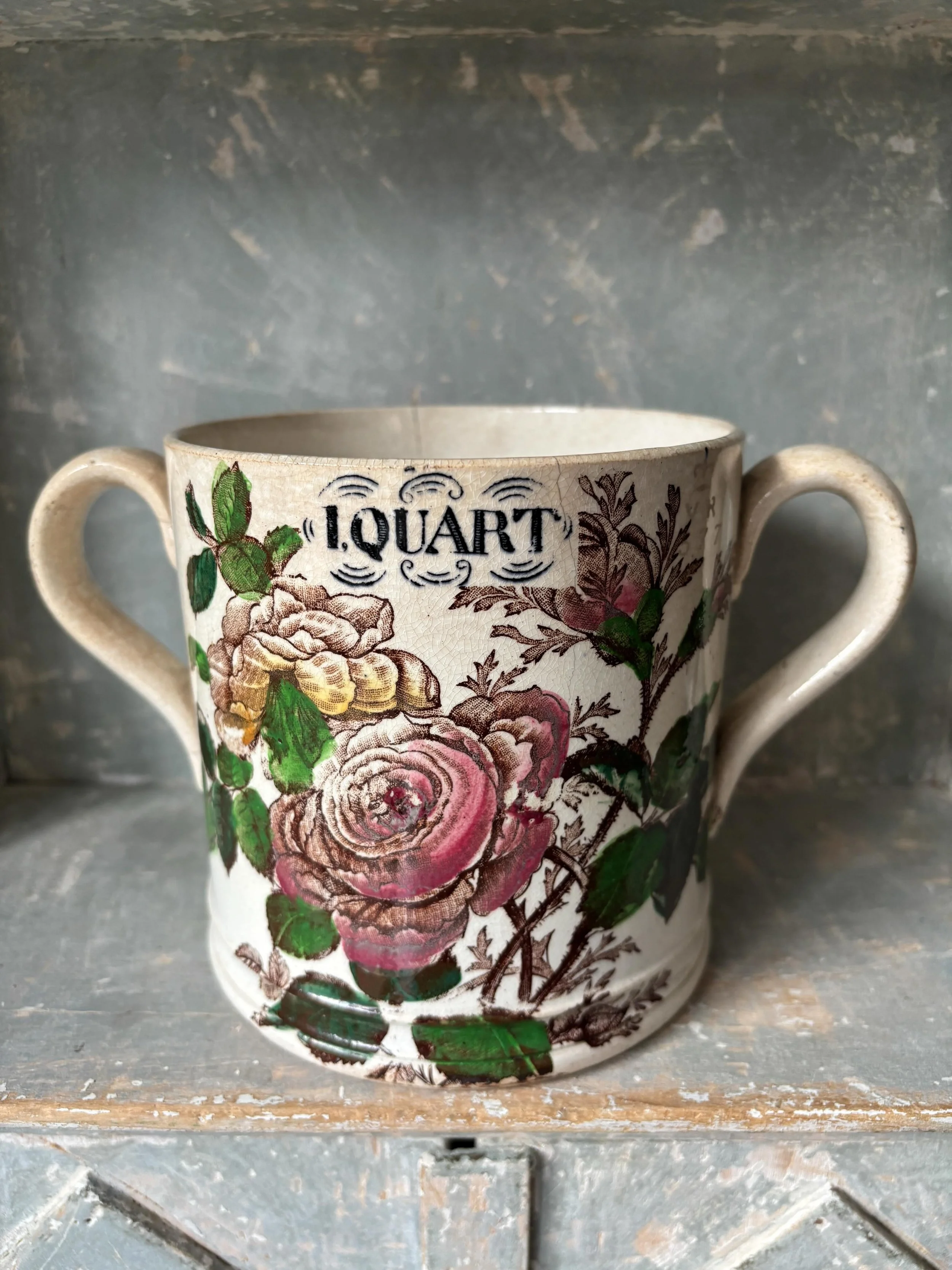SOLD 🌟 A magnificent mid 19th century twin-handled Staffordshire transferware loving cup. It is transfer printed in dark brown with hand colouring to roses, rosebuds and leaves. 

It is very unusual to see a highly decorative piece like this with th