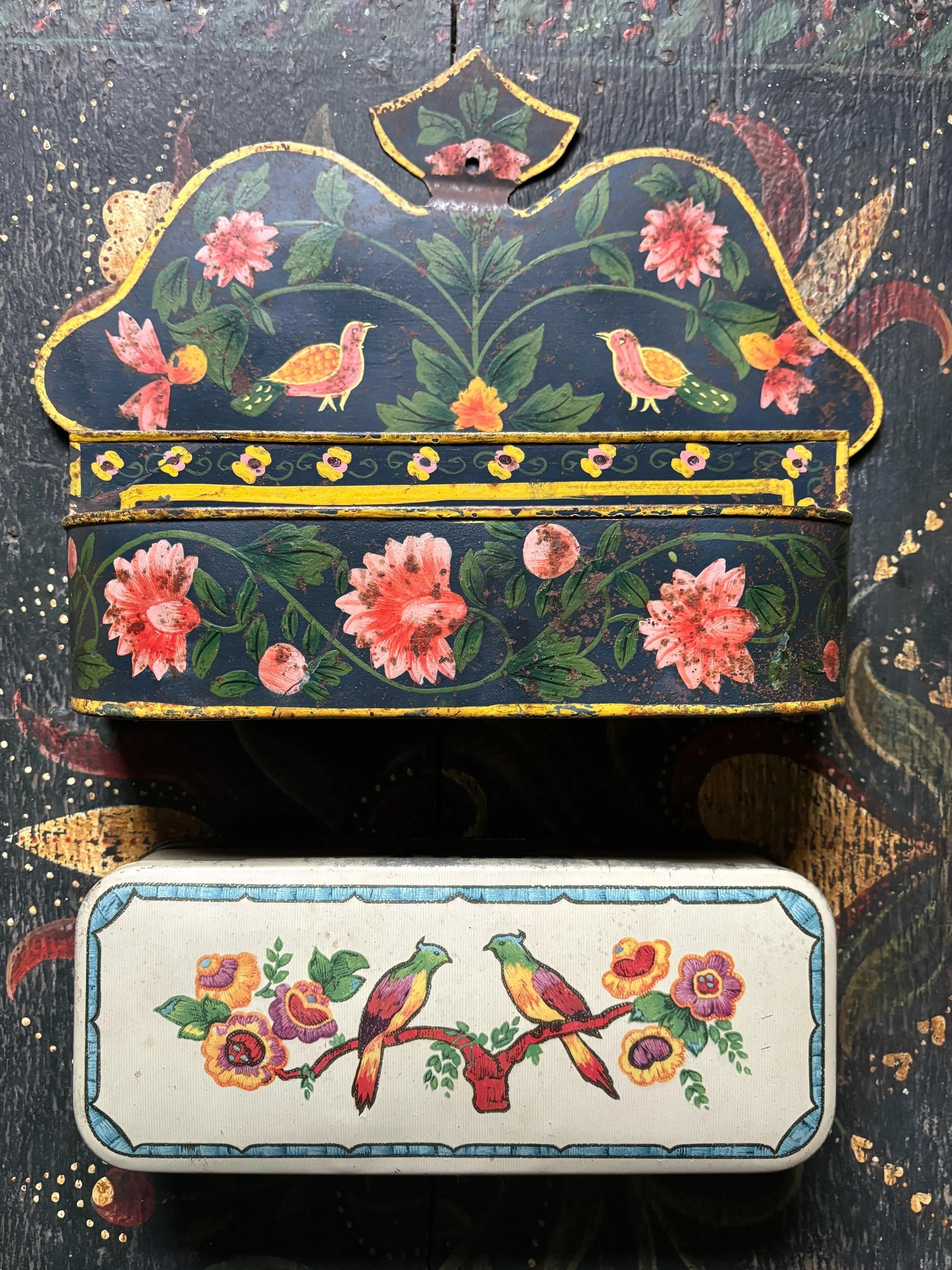 FOR SALE 

1.) A very pretty hand painted vintage toleware letter rack. The decoration is in the loveliest folk style with surface wear enhancing its antique charm! It has two compartments. 

Signs of aging including rust spots and a paint smear on t
