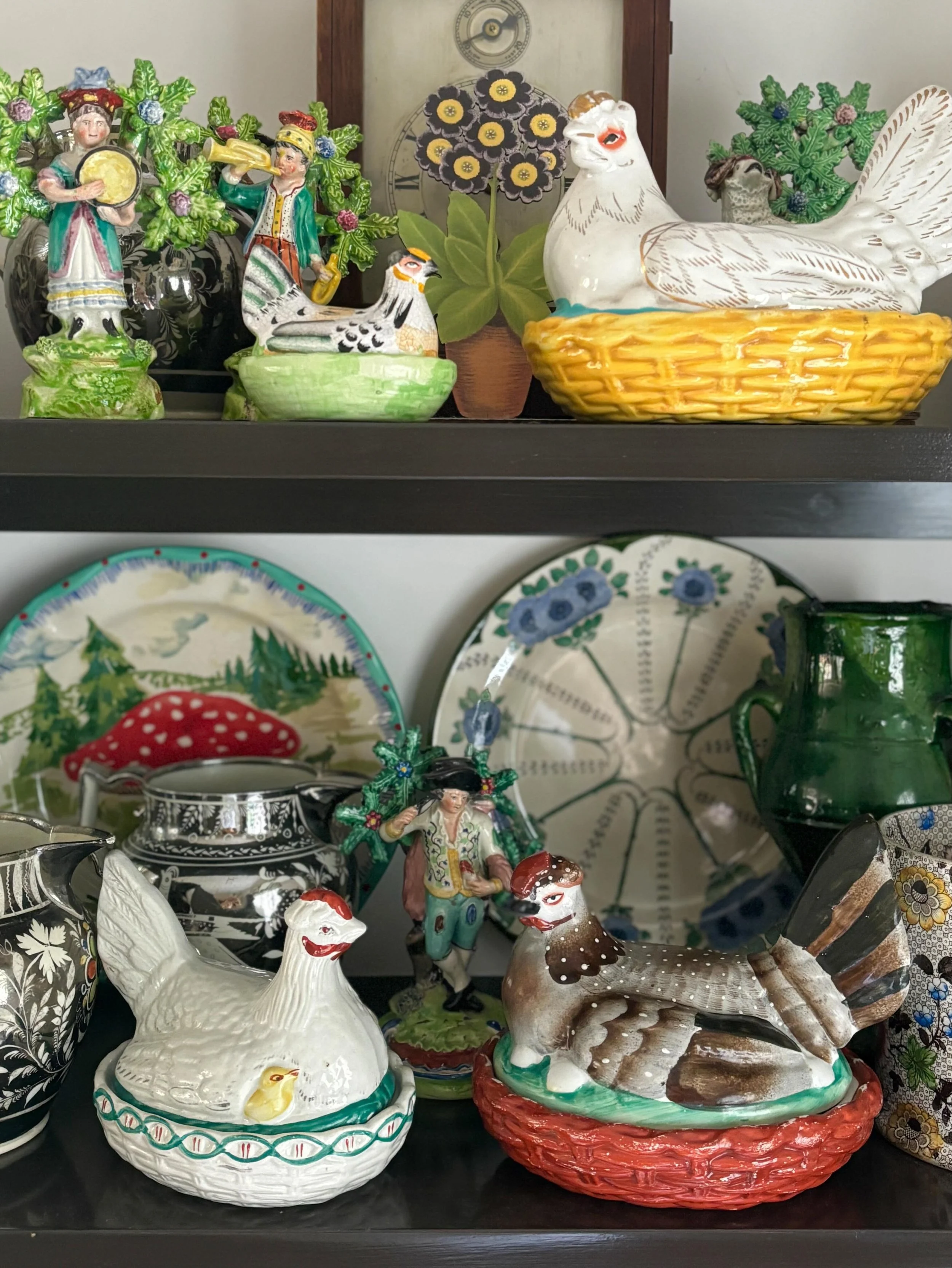 FOR SALE Three superb antique Staffordshire pottery hens, circa 1880

1.) An adorable white Staffordshire pottery hen tureen with green and red colouring to the rim of the basketweave base. Two little chicks peaking out from underneath her wings. 

R