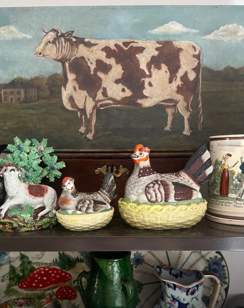 This big boy came back from the restorer yesterday.  He is a splendid, perfectly imperfect Simmental bull, a 19th century oil painting that needed a very good clean after years and years of surface grim and oxidised varnish had left the painting badl