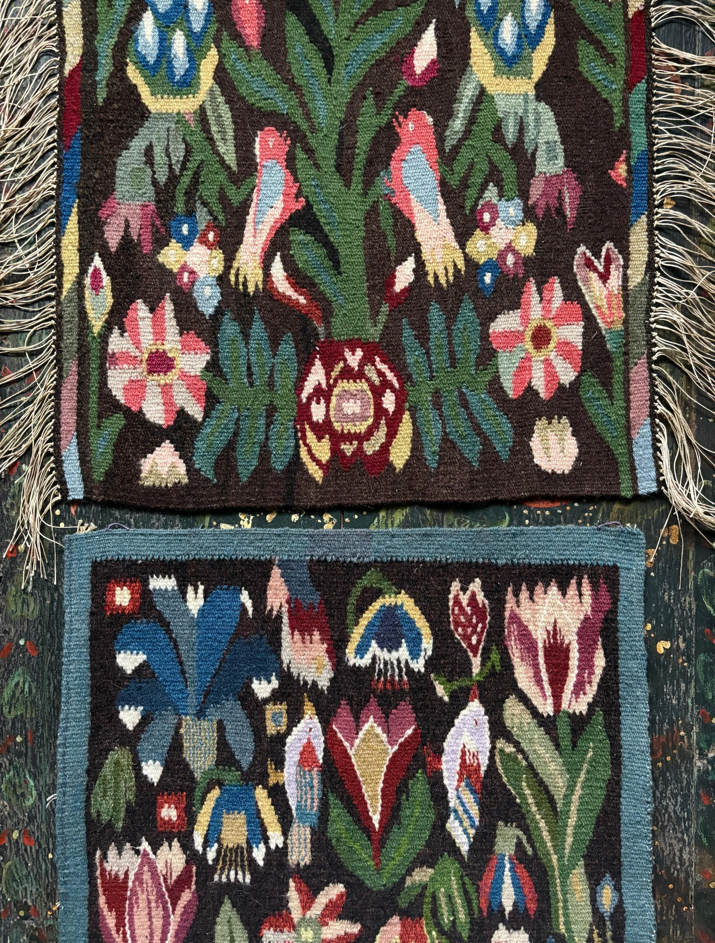 FOR SALE Two exceptional vintage folk art Swedish &lsquo;Flanders weave&rsquo; hand woven tapestries in superlative colour palettes. They are perfect pieces to display on the wall or stitched onto a cushion front. 

I am so drawn to the stylised look
