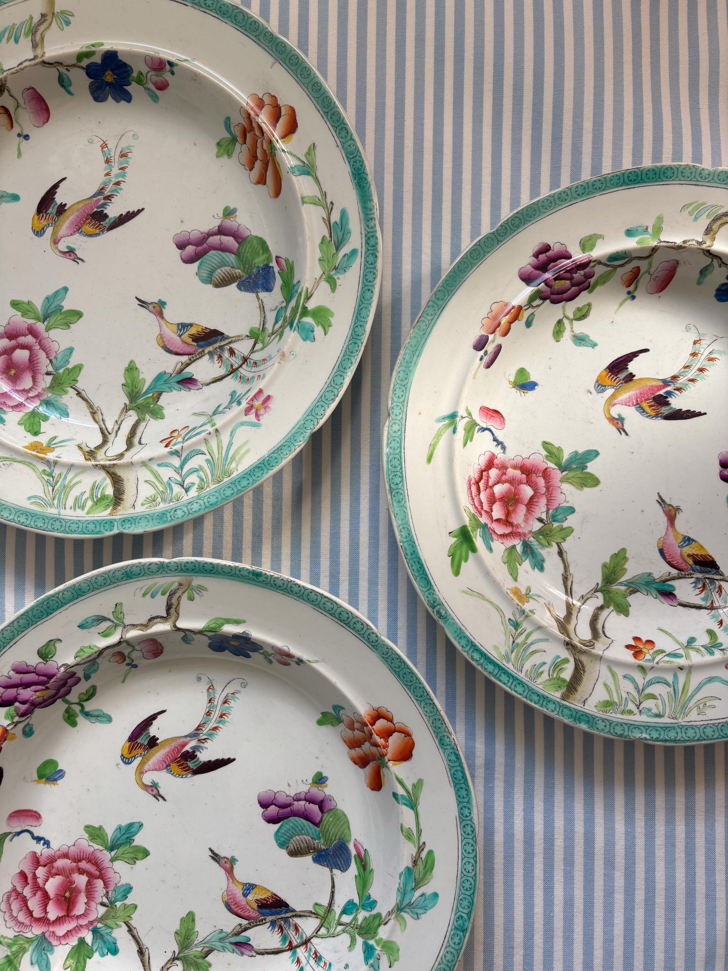 SOLD 🌟 Three superb rare antique Stephen Folch ironstone soup plates from the Folch &amp; Sons Stoke Works pottery, Staffordshire circa 1820. Folch &amp; Sons produced some of the most beautiful pottery of the early 19th century with fine chinoiseri
