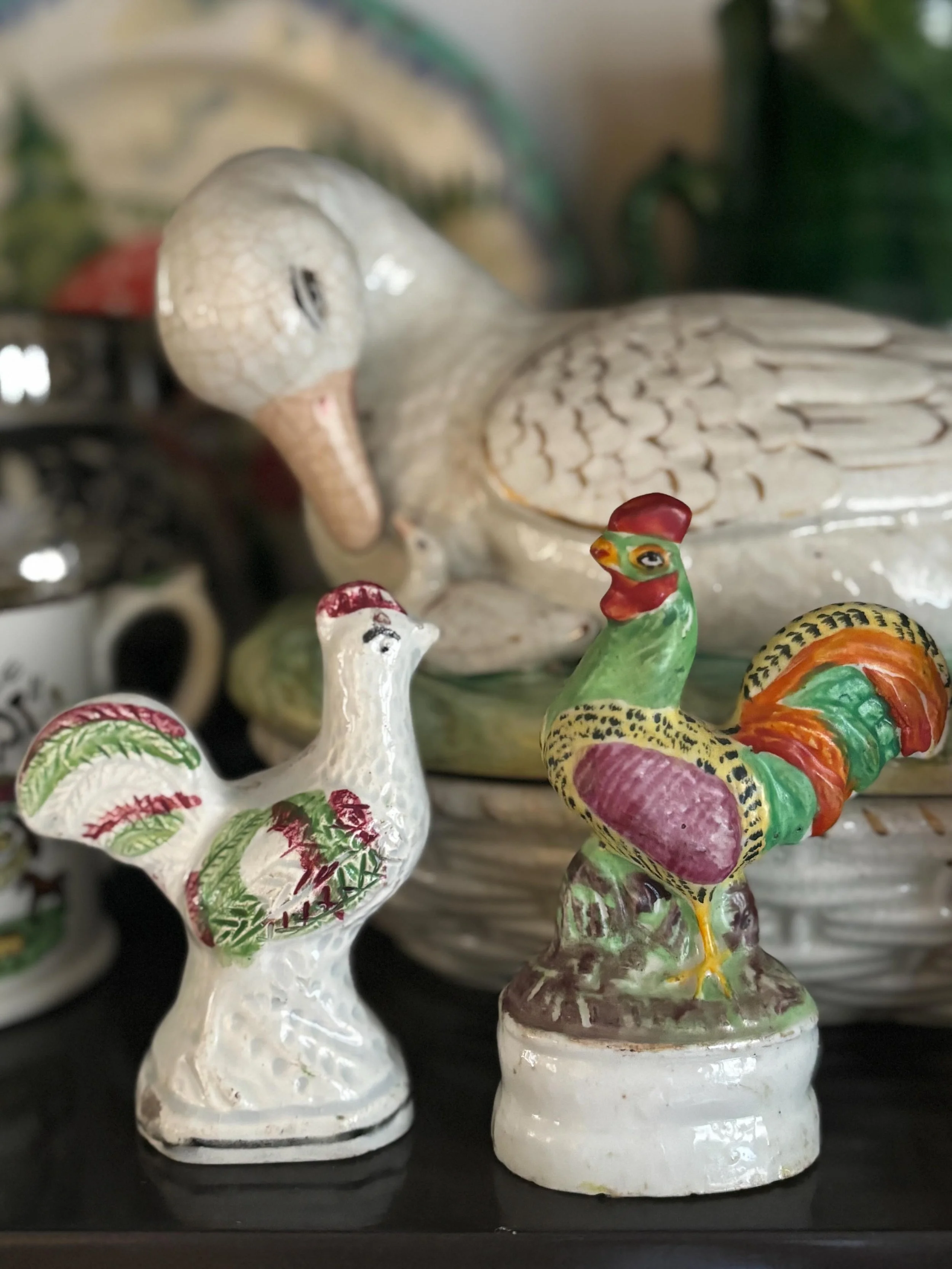 The splendid figure on the right was the start of my little collection of miniature antique Staffordshire cockerels. These two are considerably more refined than the two I posted yesterday but still brimming with charm!