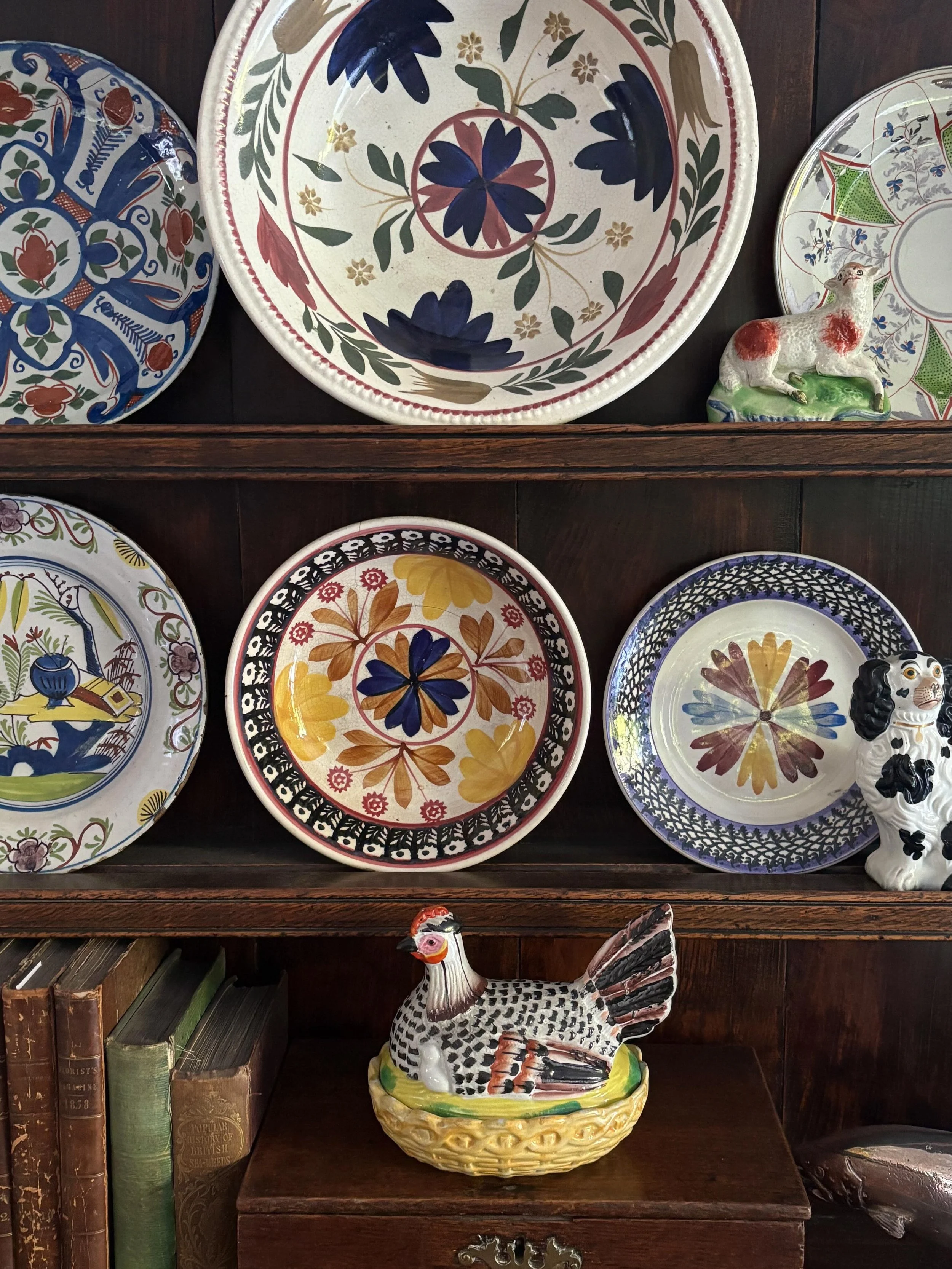 FOR SALE Three pieces of beautiful antique spongeware. 

1.) A large antique hand painted and sponge decorated bowl with gadroon rim, 19th century. It is a superb piece of pottery and has the look of Welsh folk art about it although probably more lik