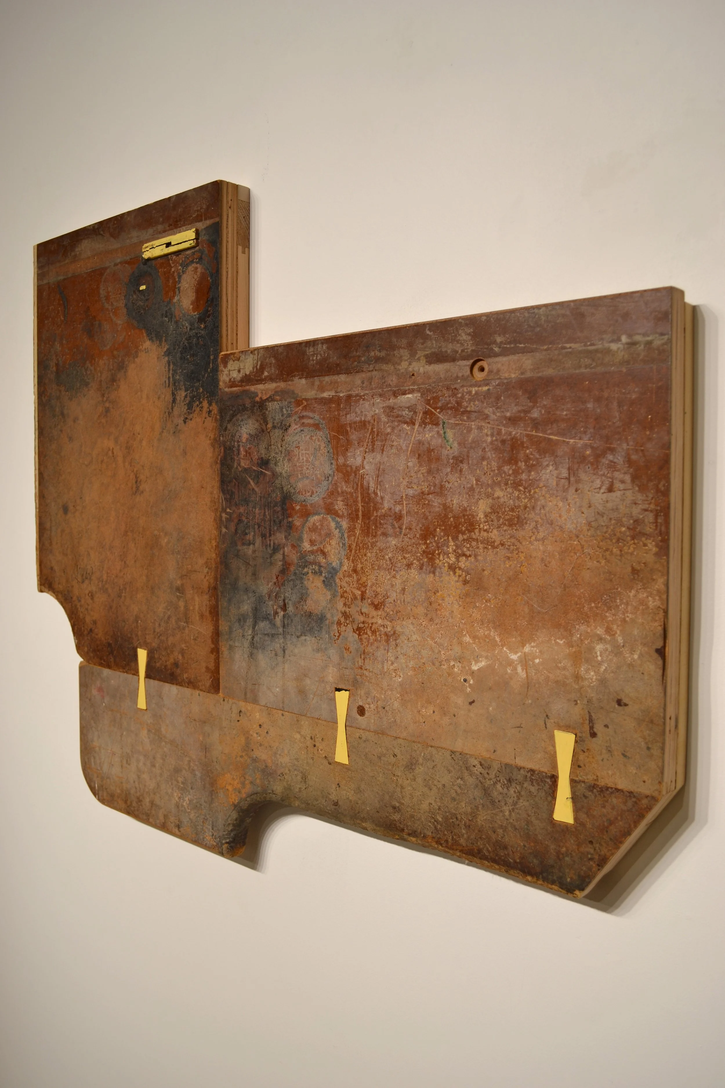 ©Josh Johnson, "Table Thoughts / Tabled Thoughts", found bench top, inlayed found furniture fragments, pine, fir