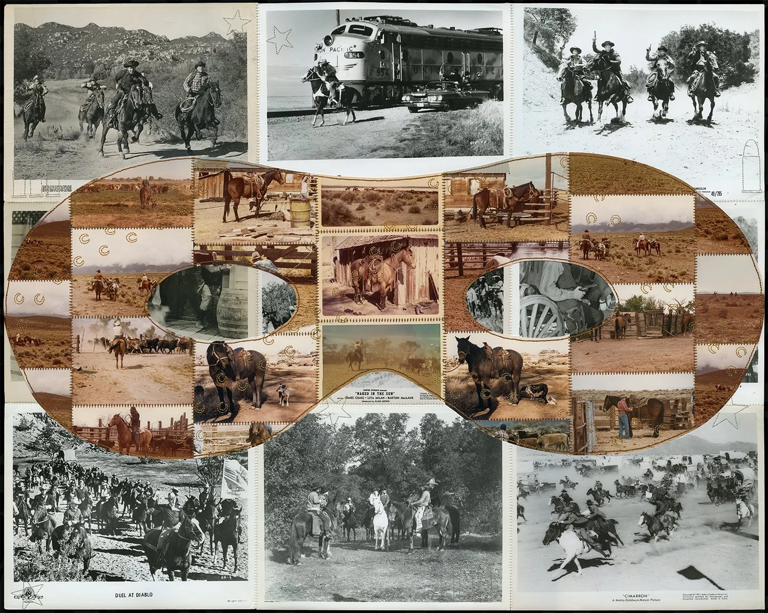 Jane Waggoner Deschner, "from the domino mask series (horses&men)", hand-stitched movie promo photos, family snapshots, 2024