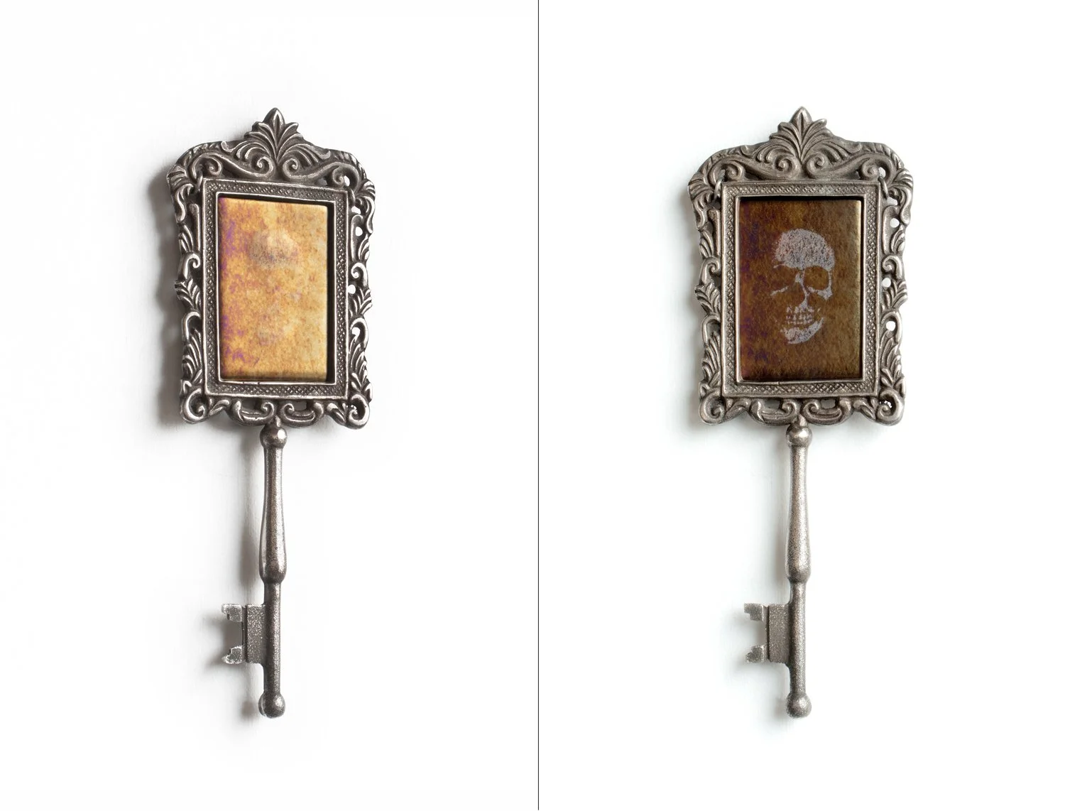 Julie Alland, "Disquietude 15 – Vanitas (composite image of 2 views)", Kilnformed glass in metal hand mirror frame, 10 x 4 x .5 inches, 2022