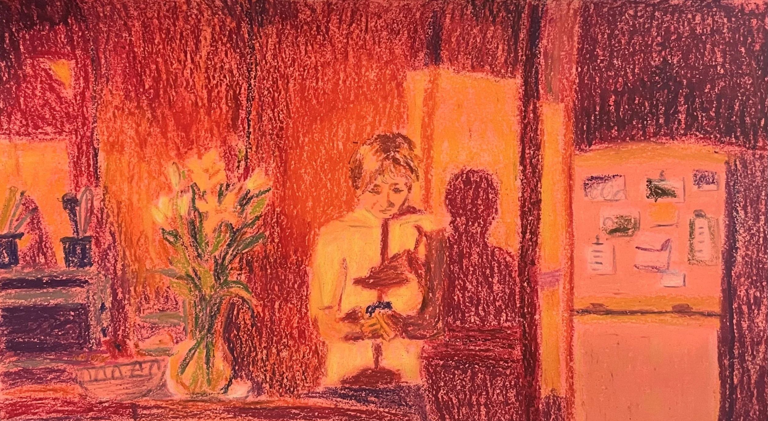 Allison David, "Nostalgic Evening", acrylic paint and oil pastels on paper, 2026