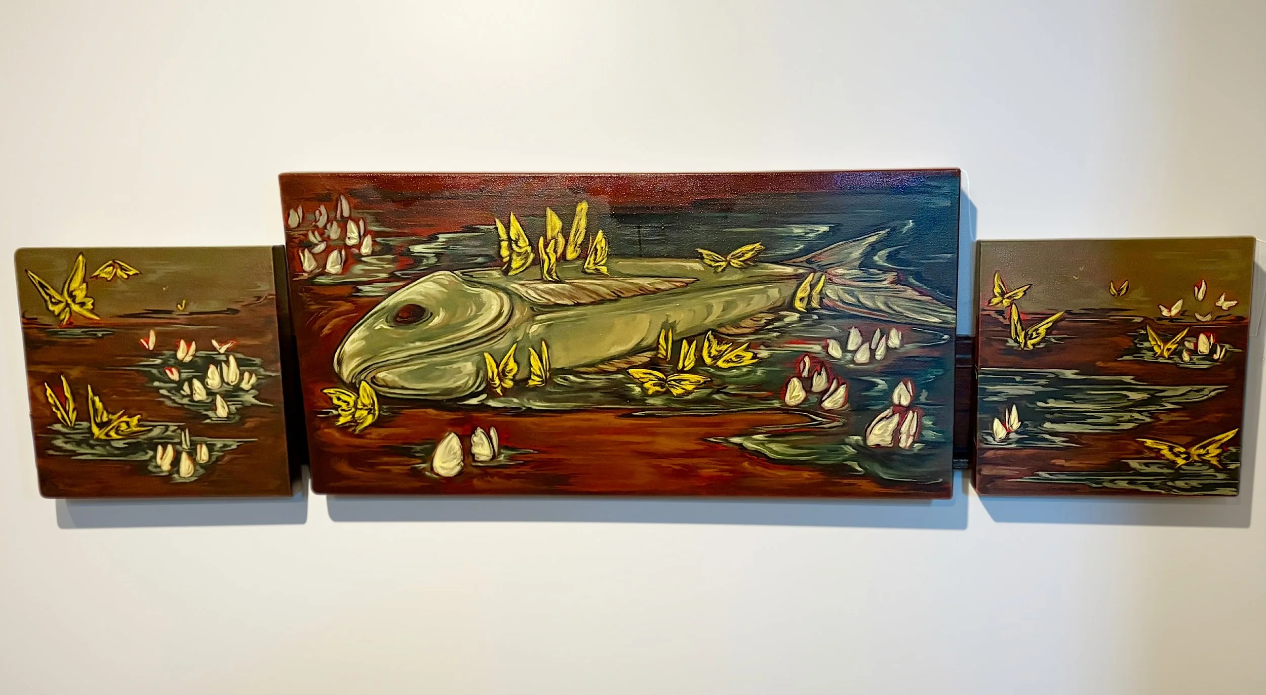 Reagan Joseph, "Angel(s) of Death", oil on canvas, 14x14",18x36", 14x14" (triptych), 2026