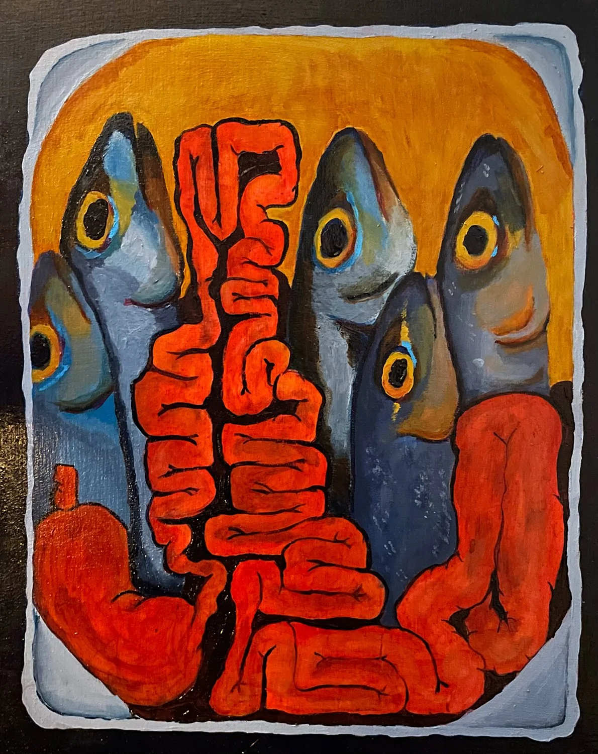 Juniper Winn, "Protein Thoughts Packed in 100% Olive Oil", Acrylic on Wood, 2024