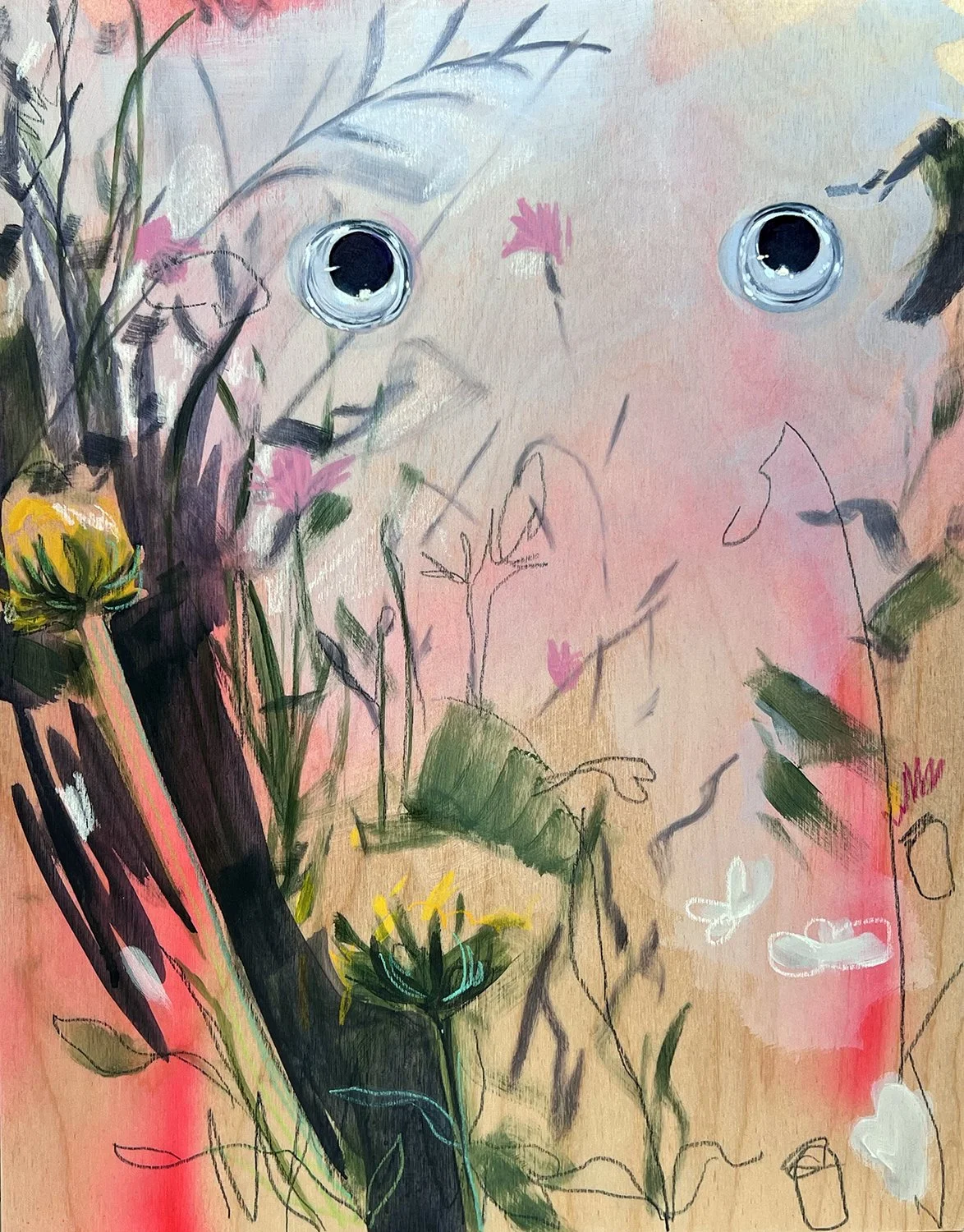 Darcy Millette, "I Can Almost Remember," spray paint, acrylic, pencil, and pastel on panel, 2026