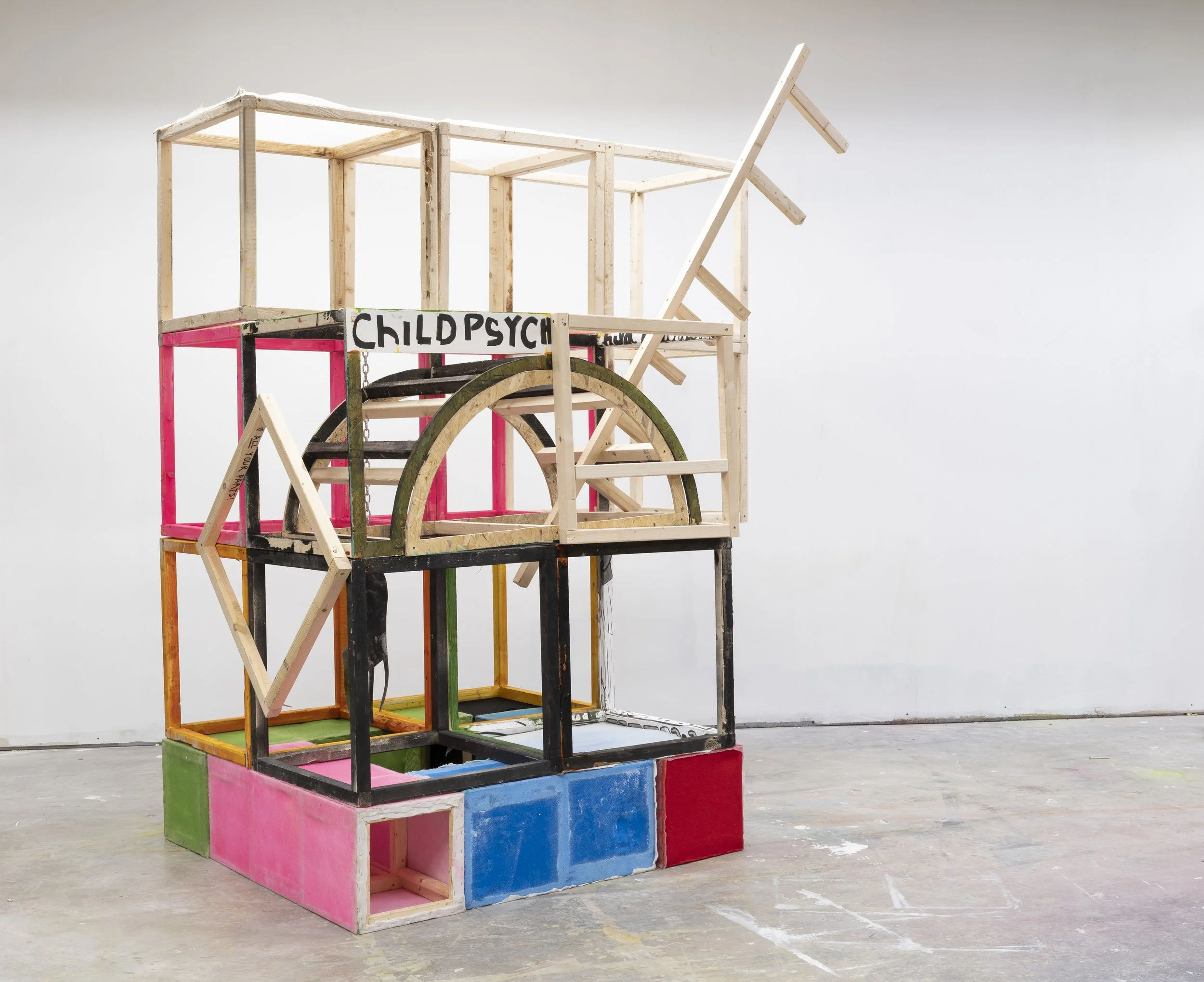 Peter Manion, "Mental Gymnastics," wood, felt, chain, dye and paper, 2025