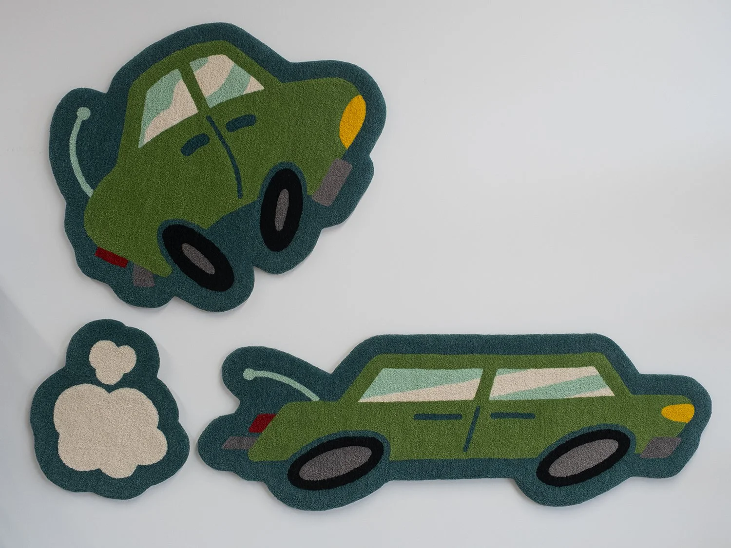 Craig Miller, "ZOOM!," Tufted wool yarn on fabric, hardboard backings, 2025