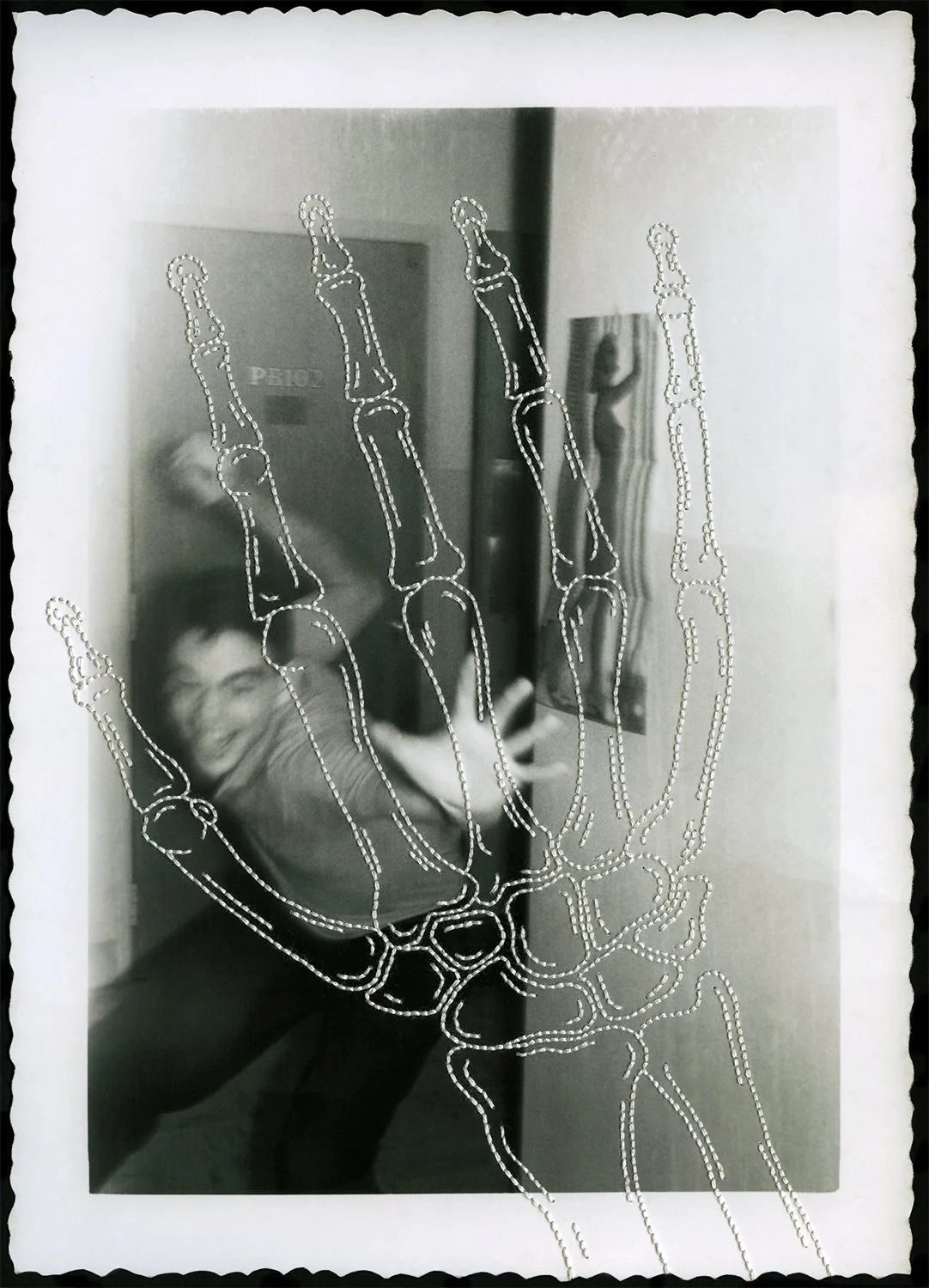 Jane Waggoner Deschner, "from the memoji mori project (stop, boy in hall)," hand-stitched, digitally reproduced archival print from vernacular snapshot, 2026