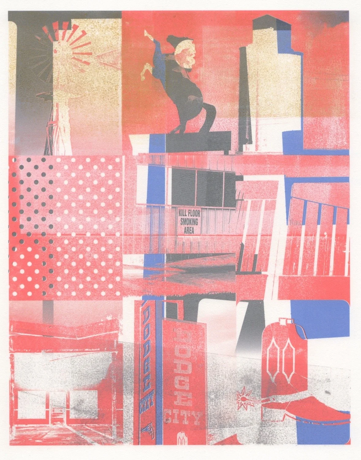 Patty deGrandpre, "Kill Floor Smoking Area", block printing ink, gouache, digital inkjet, Awagami Bamboo Japanese paper, 2022