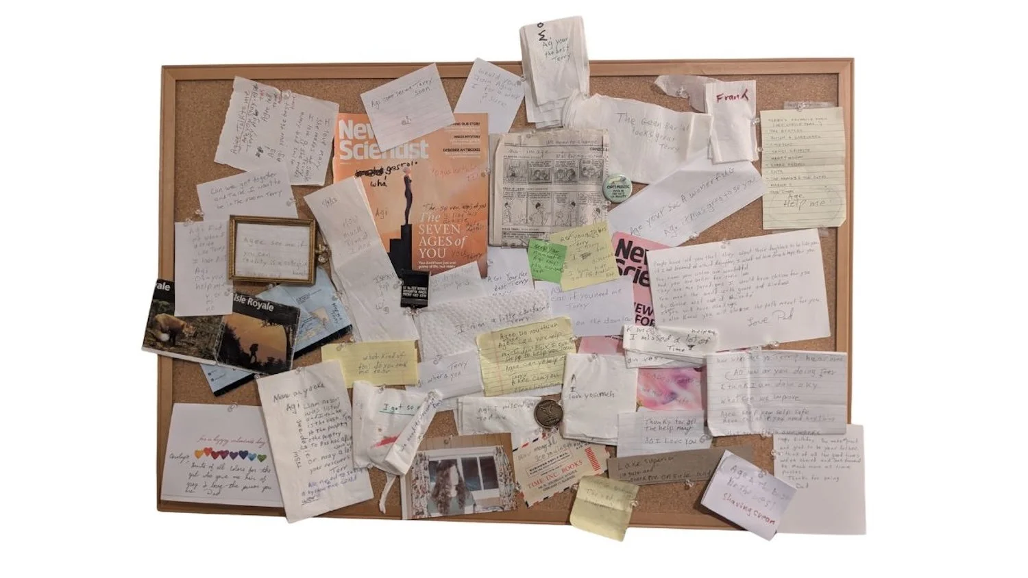 Agnes Dussault, "Missed", Mixed, Memory: Messages From Dad, Found notes and memorabilia on bulletin board, 2026