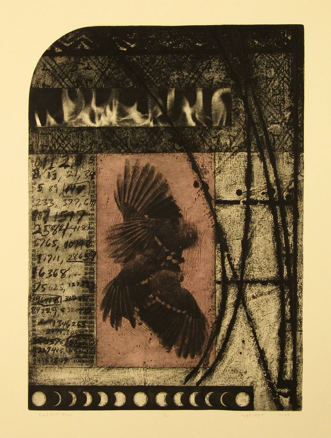 Donald Depuydt, "Land With Ease", intaglio print, 2023