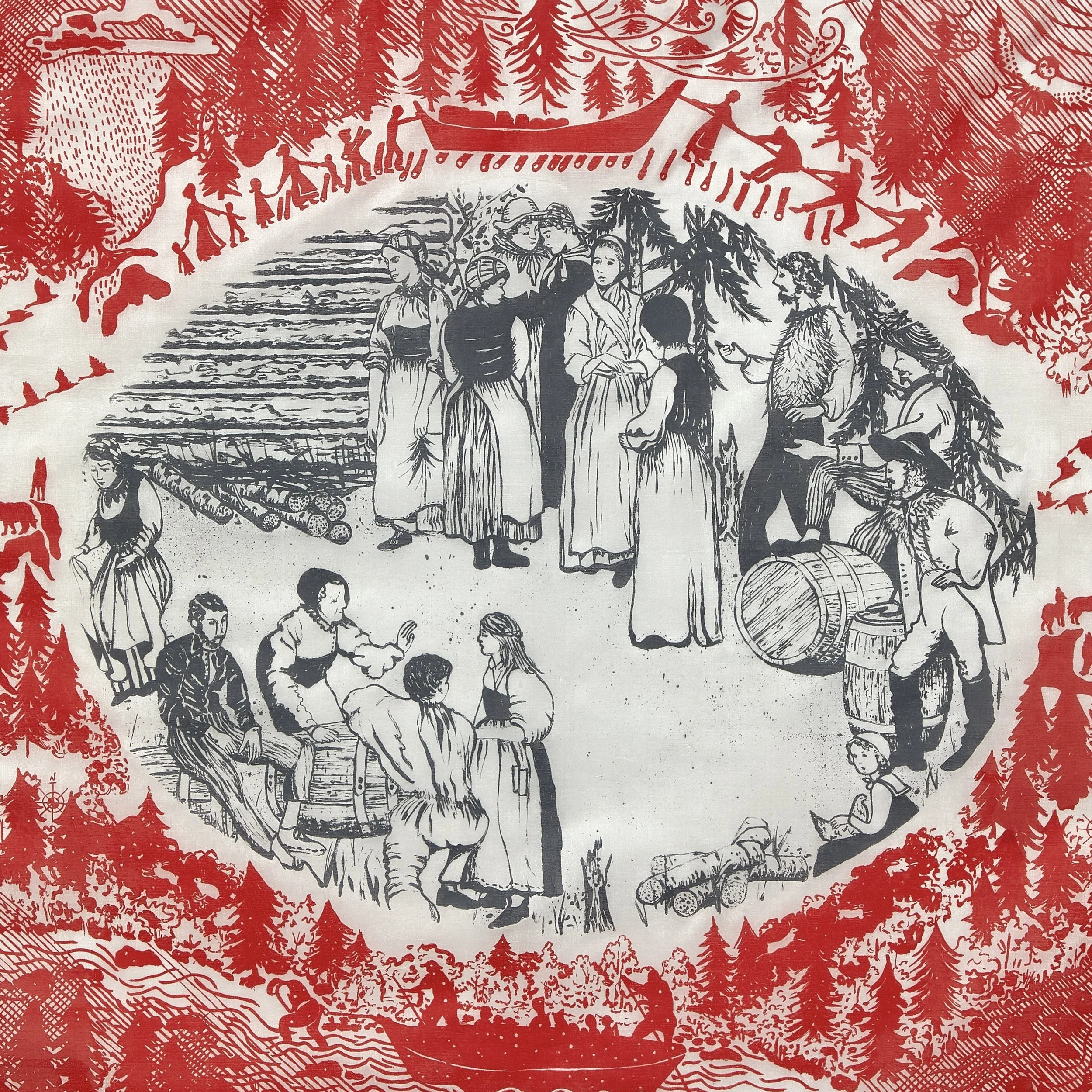 Susan M. Clark, "Voyage to the Red River 1821", screen printed, hand painted silk sewn on repurposed damask tablecloth with appliqué, 2023