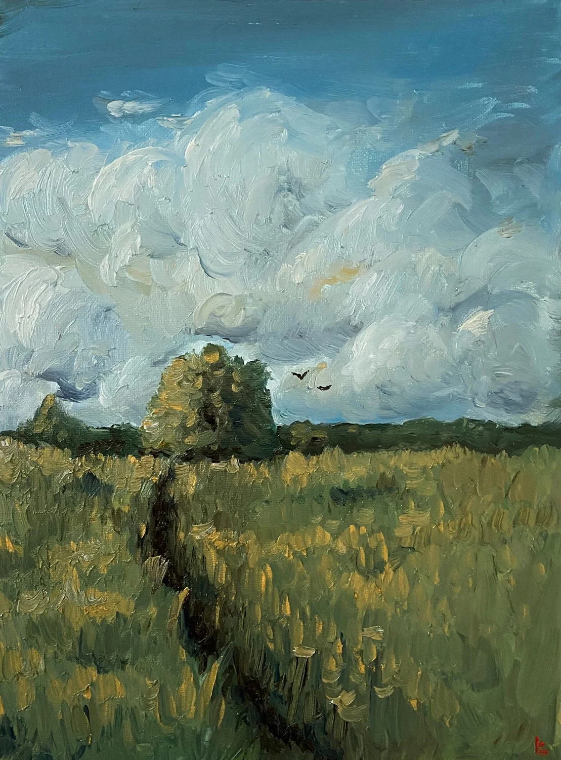 Lilly Kuiper, "A Country Summer's Day," oil paint on canvas, ~9 in. x ~12 in., 2024