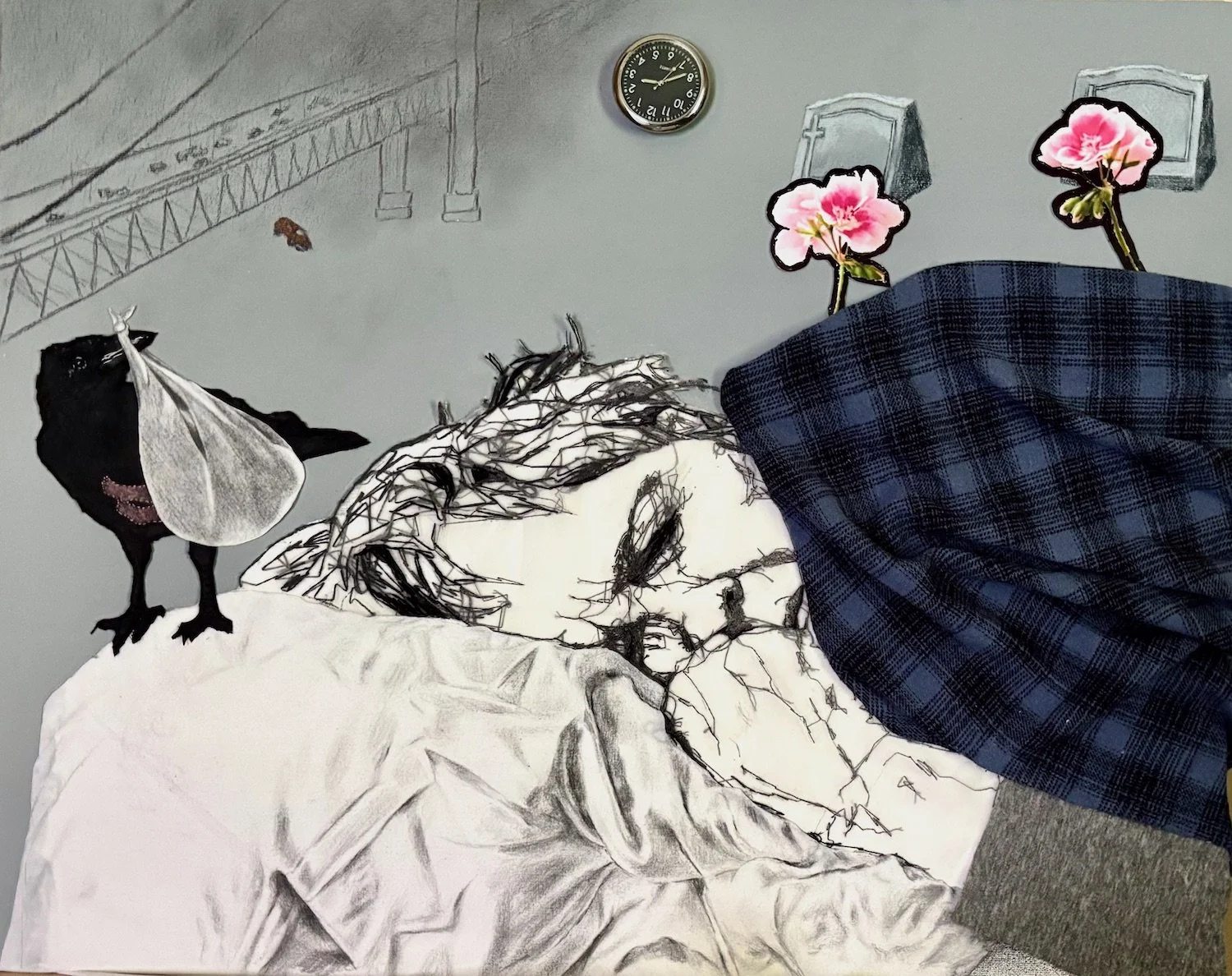 Eileen Woods, "Sleep Thoughts," hand embroidery, shirt fragments, graphite, pillowcase remnant, silk, stitching on photos, marker, colored pencil, acrylic, clock, 2026