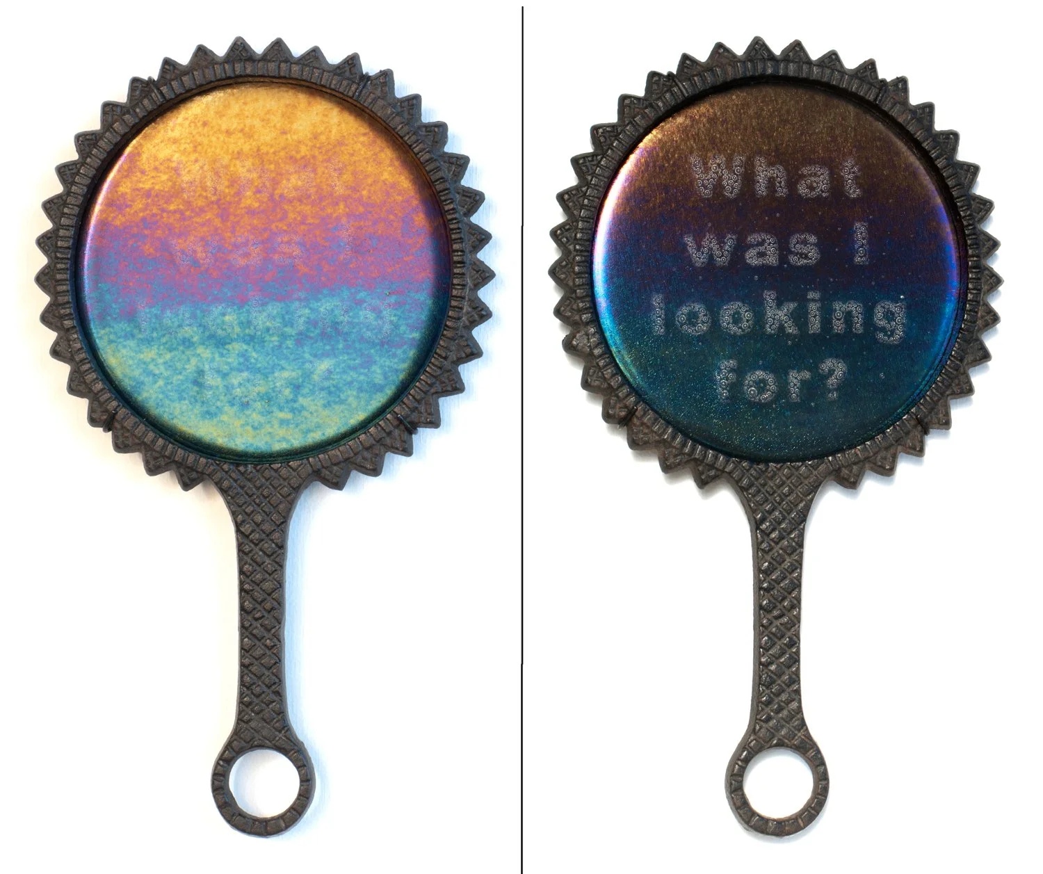 Julie Alland, "Disquietude 14 (composite image of 2 views)", Kilnformed glass in vintage hand mirror frame, 10 x 5.5 x .5 inches, 2022
