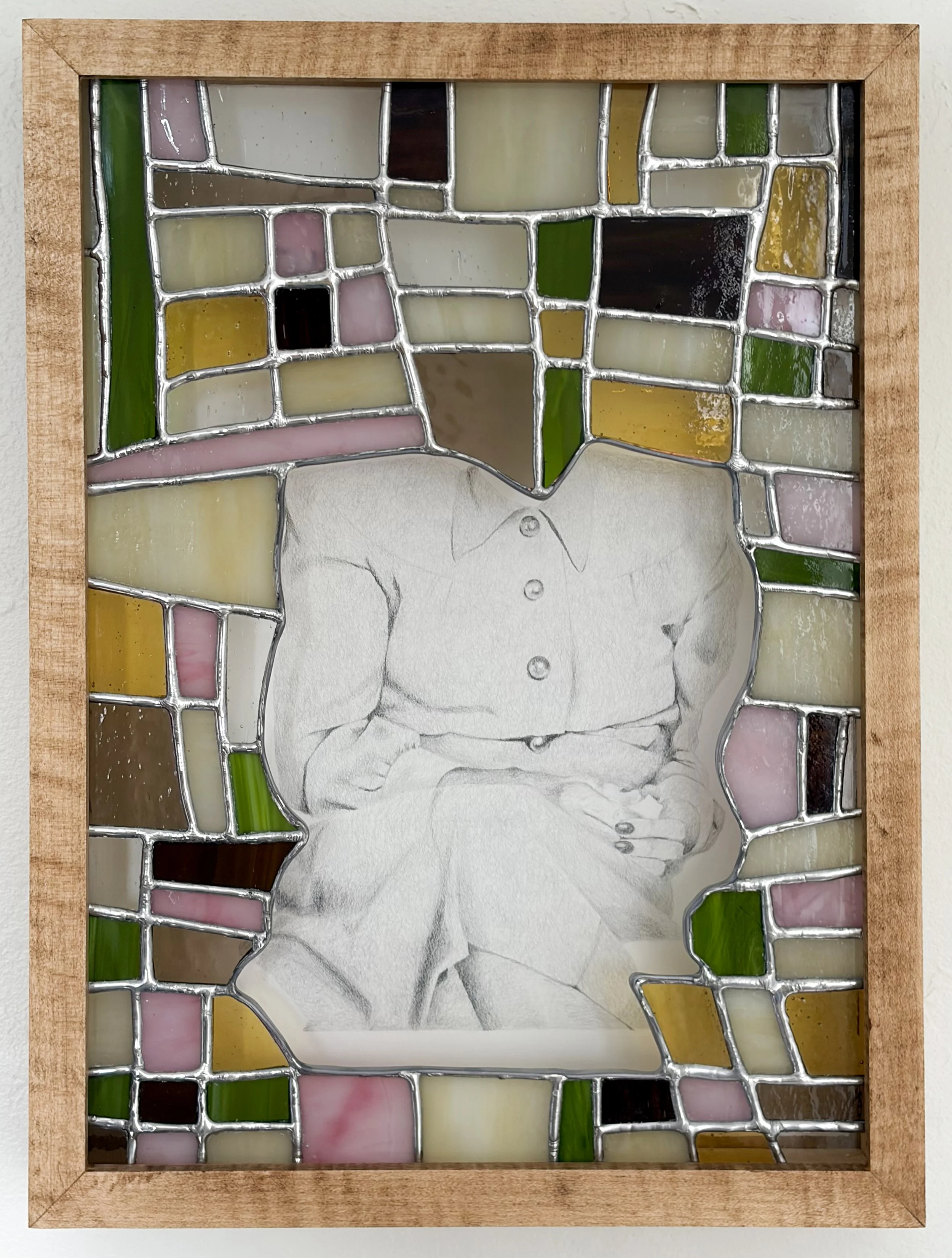Molly Etchberger, "observing, perfecting, performing", Graphite drawing with stained glass, 17" x 13", 2026