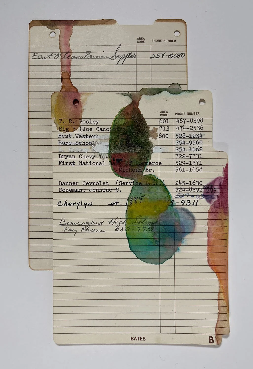 Deanna Simmons, "Address Book Pages No.112645," found paper ephemera, watercolor, ink, 2026