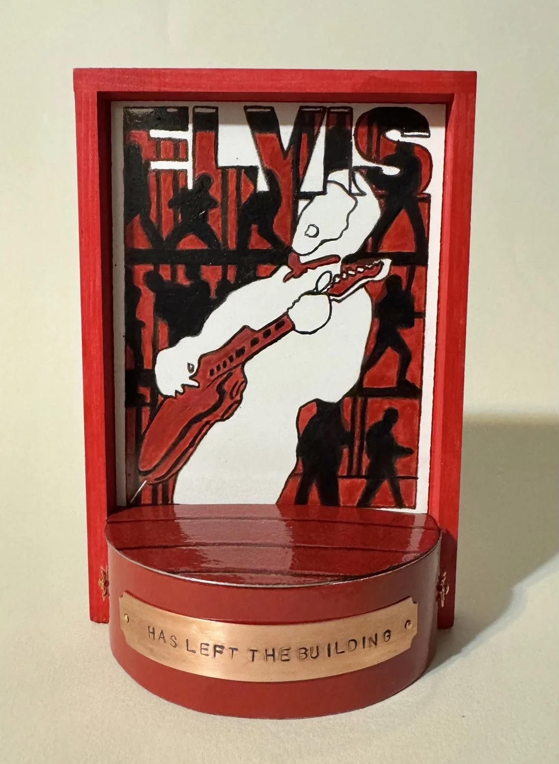 Janet Schill, "Has Left the Building" Glass Enamel, steel, wood, 2026