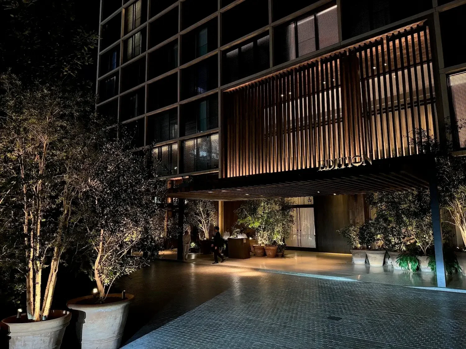 Night view of hotel entrance with potted plants and a wooden facade, partially illuminated.