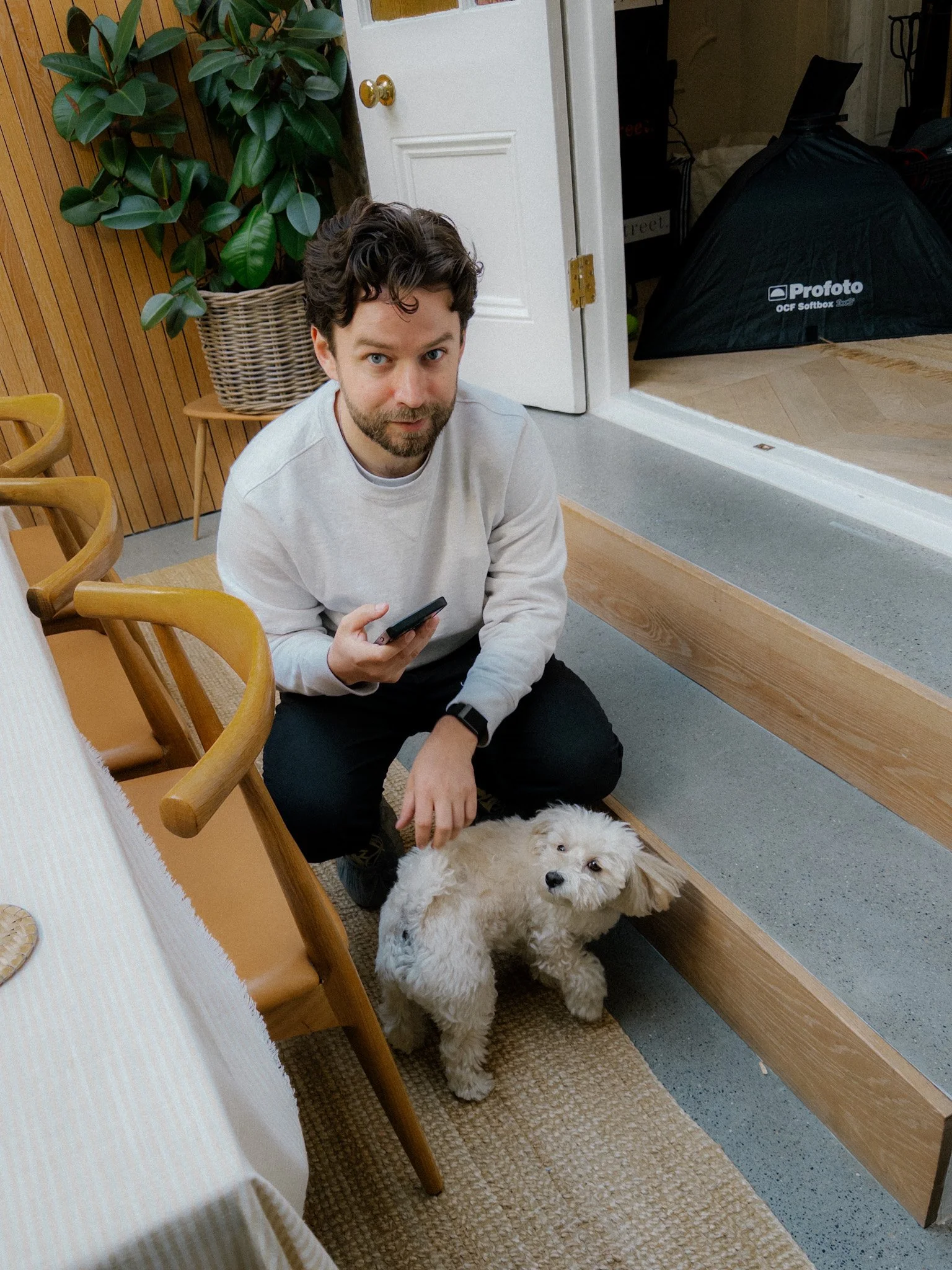 DIT Zach on set with a dog