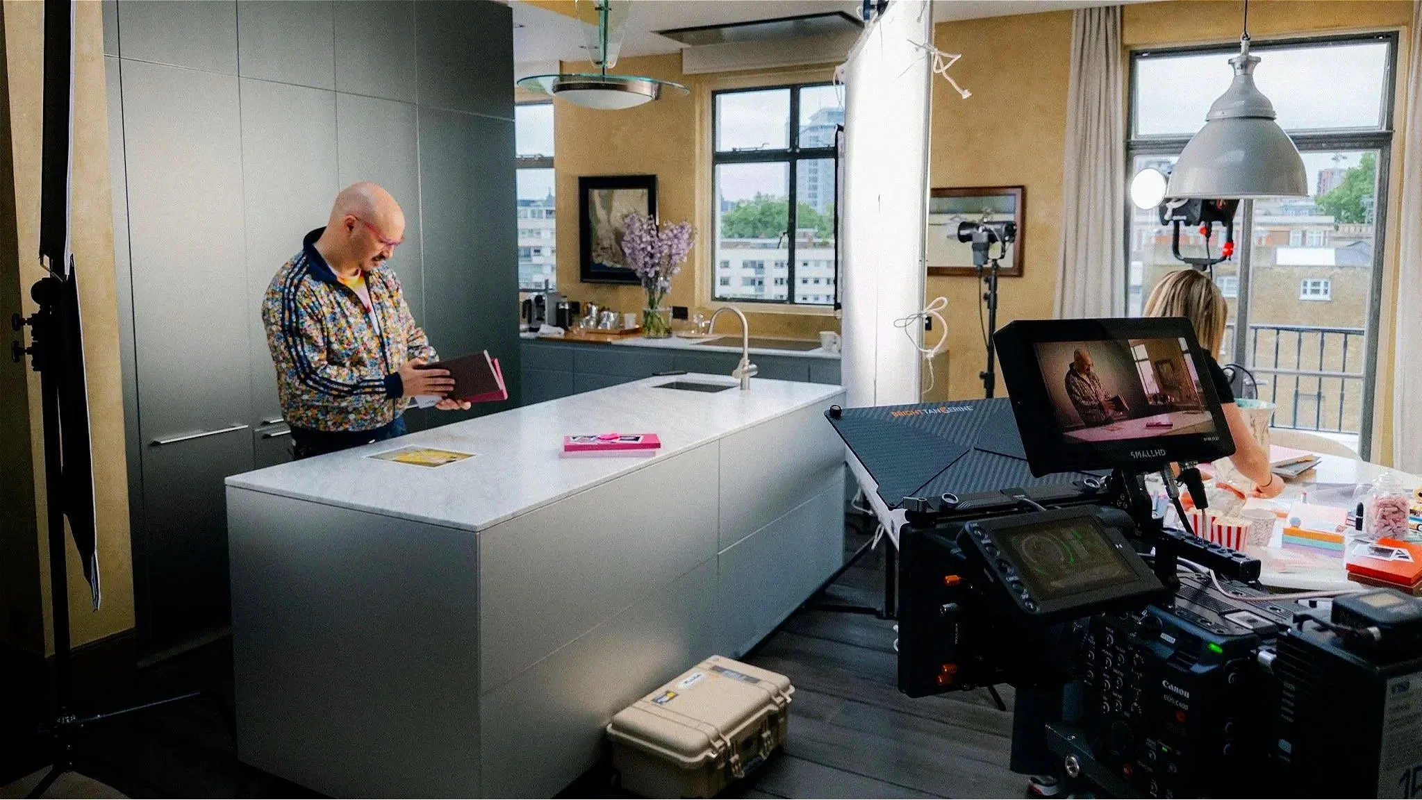 Behind-the-scenes frame from a Smile Kitchens production with Dom Skinner by video production company, Rob Pinney Studio