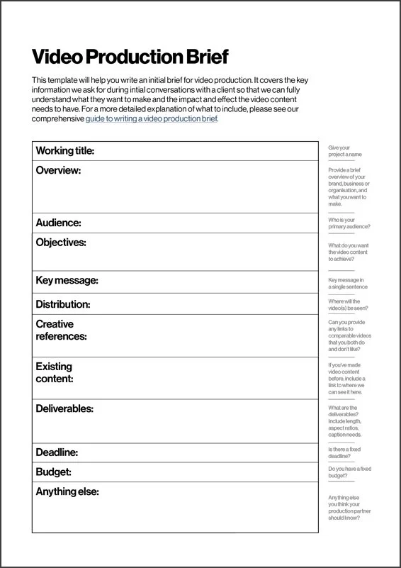 A video production brief template which can be used to brief a video production company.