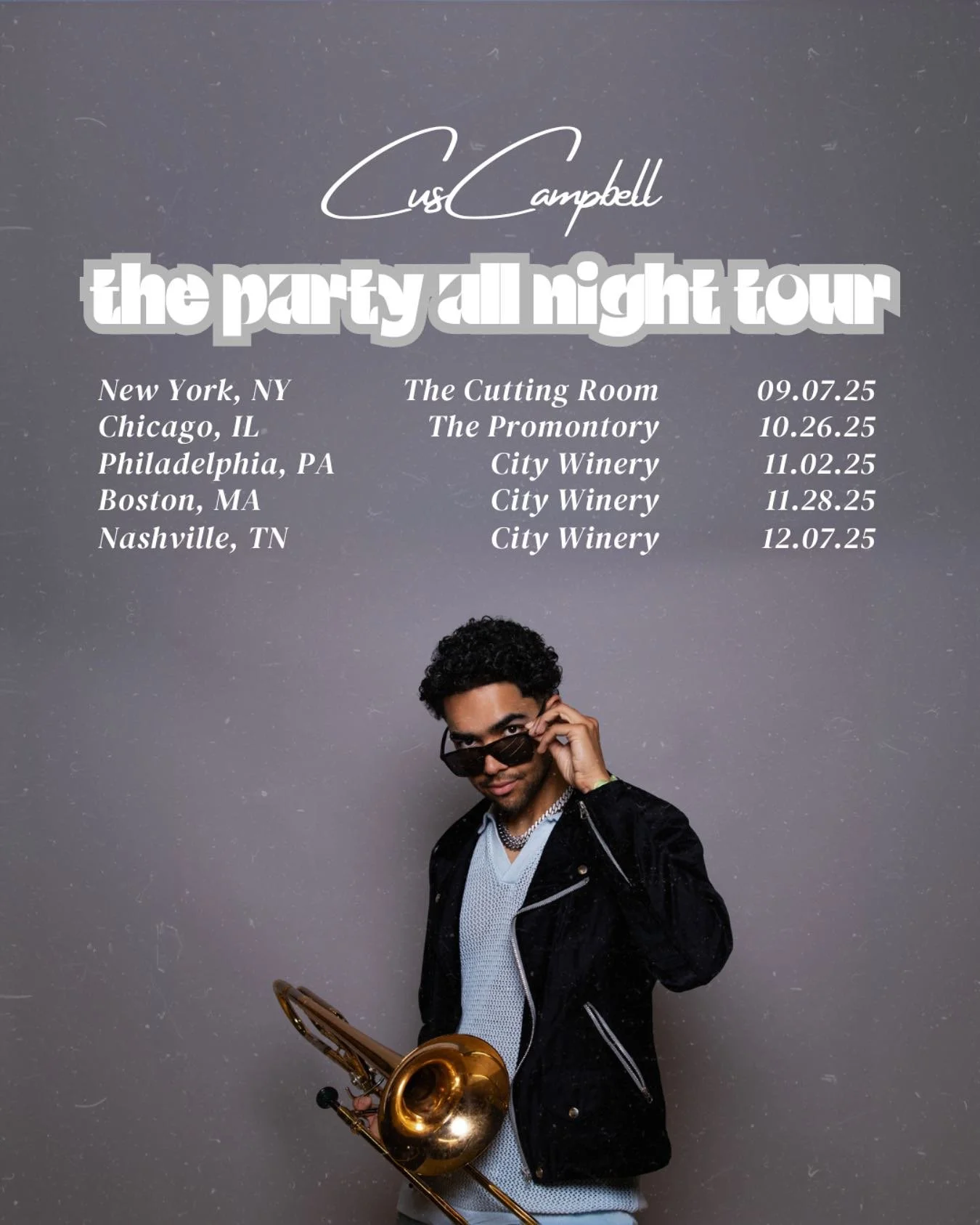 The &lsquo;Party All Night&rsquo; Tour is here 🚐✨! I&rsquo;m coming to party all night in these cities 🌃 with each and every one of you 🪩. Tickets at cuscampbell.com/tour
___________________________________

#ThePartyAllNight #LiveMusic #Tour2025