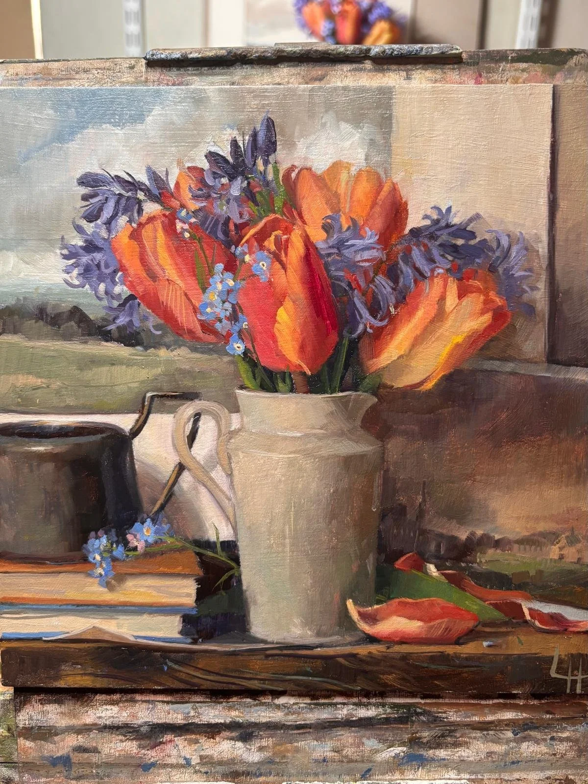 Blue Skies and Tulips, Oil on board. 8x8"