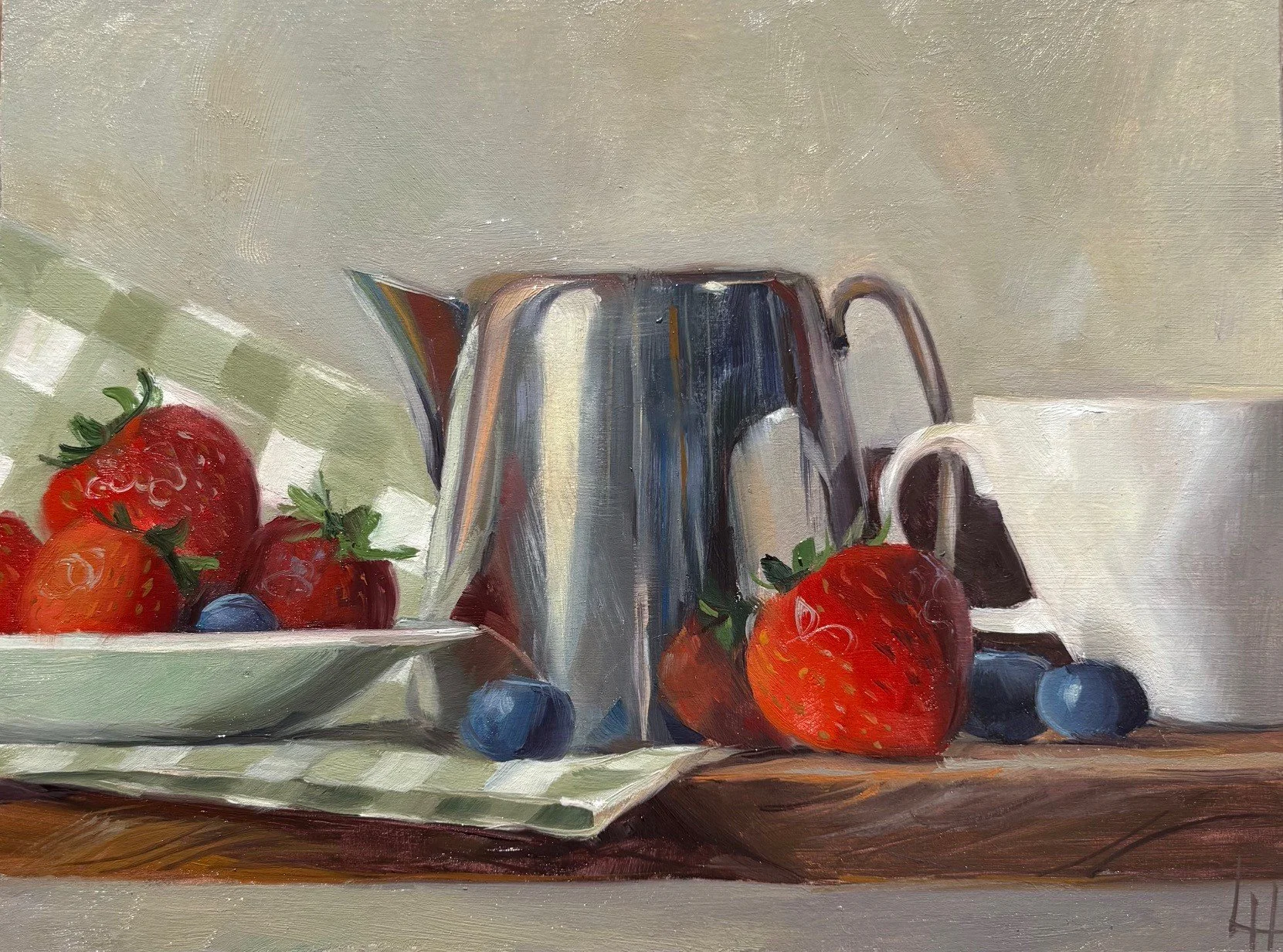 Summer fruits and Silver, Oil on board. 6x8" 