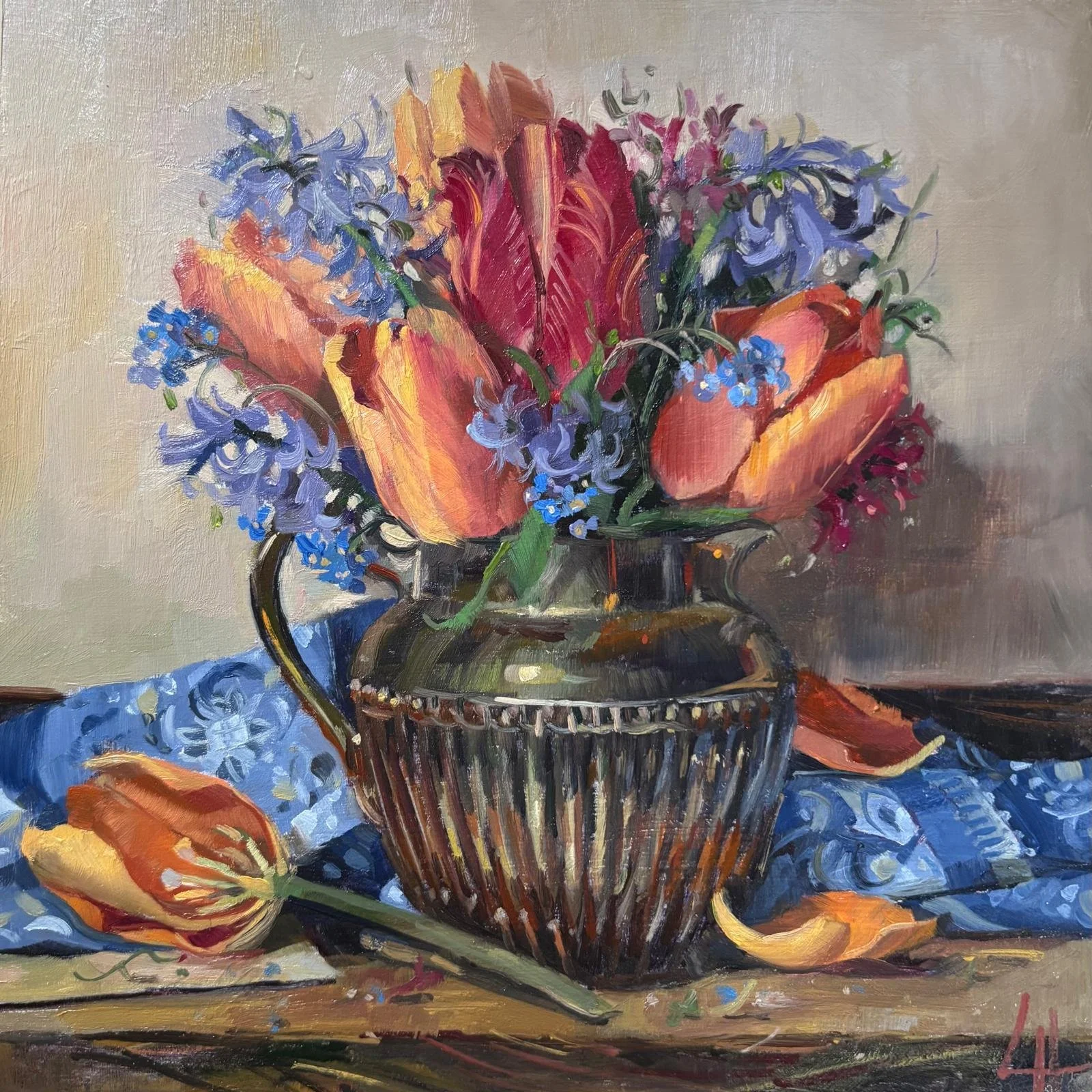 Sky Blue Scarf and Tulips, Oil on board. 8x8"