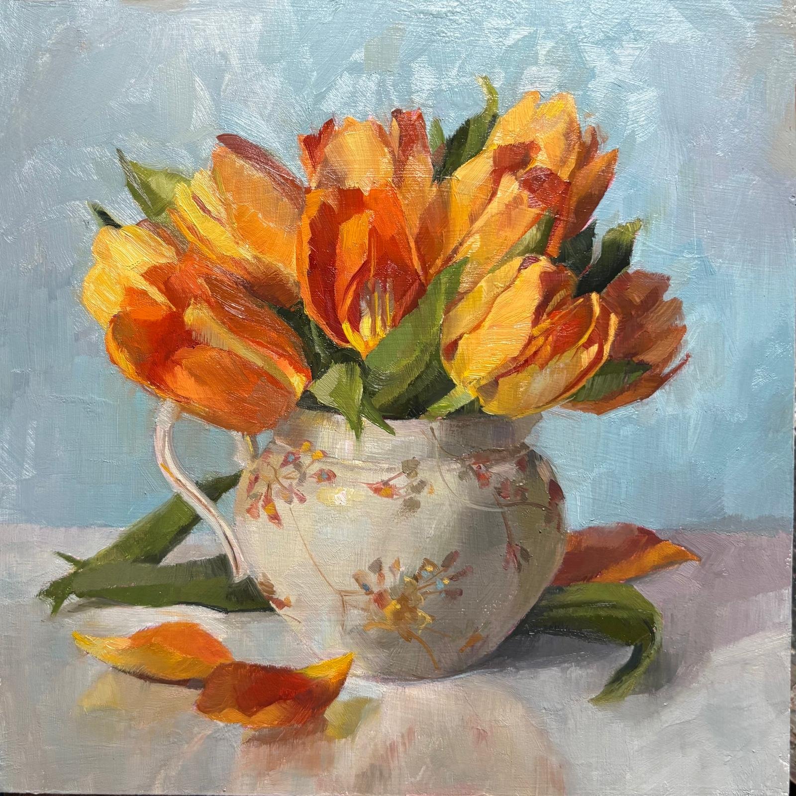 Tangerine Tulips, Oil on board. 8x8"