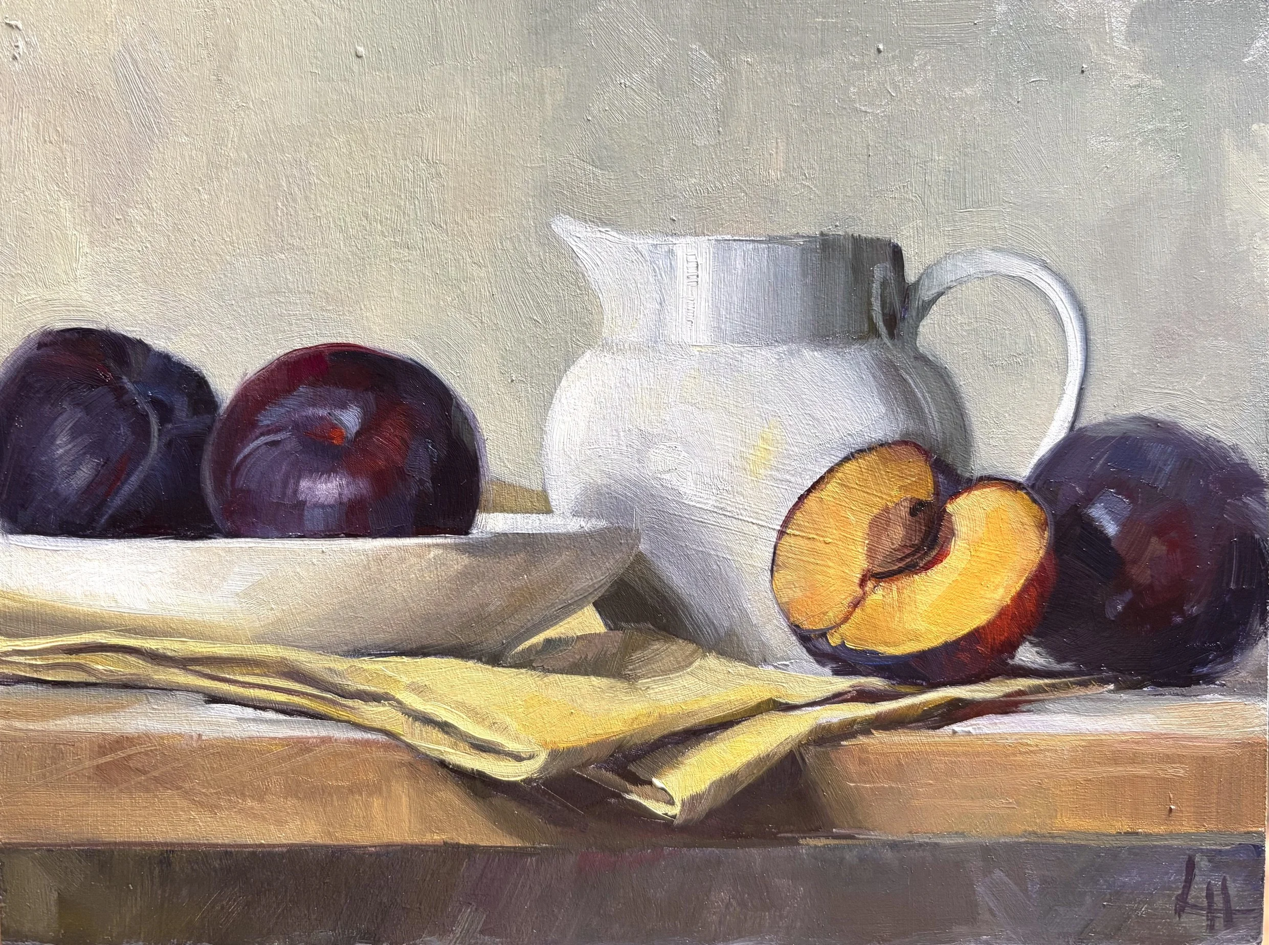 Plums and Yellow Napkin, Oil on Board, 6x8"