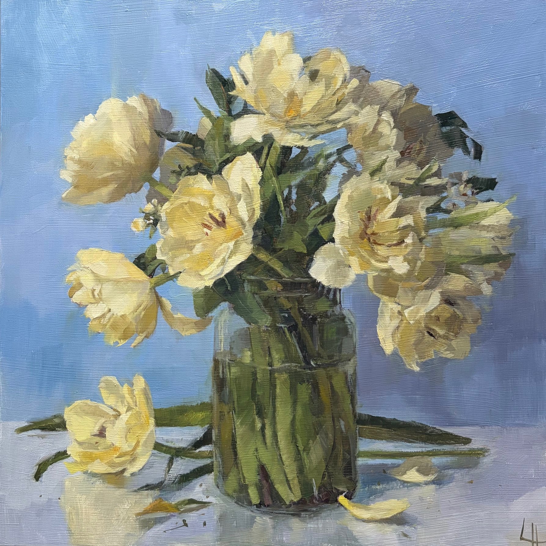 Blooms on Blue, Oil on board 12x12"