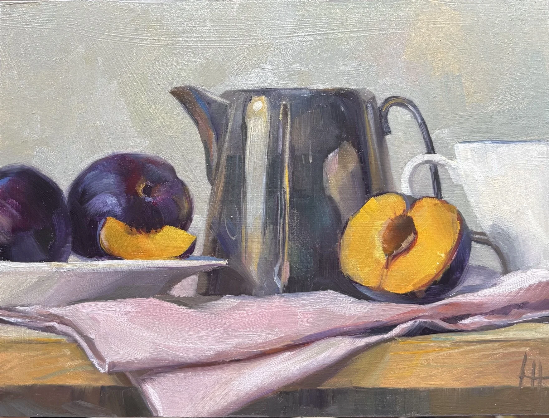 Plate of Plums and Silver, Oil on Board, 6x8"