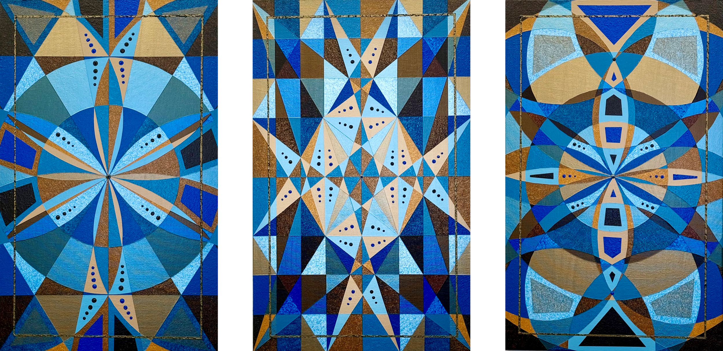 "Geometric Triptych in Blues and Browns," 9/2025, 13 in x 21 in each