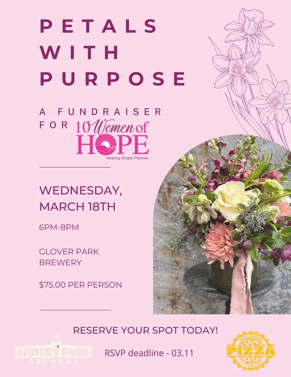 GPB Presents Give Back Night with 10 Women of Hope-Floral Arranging, Wine Down Wednesday and Pizza by Fusco’s Food Truck!